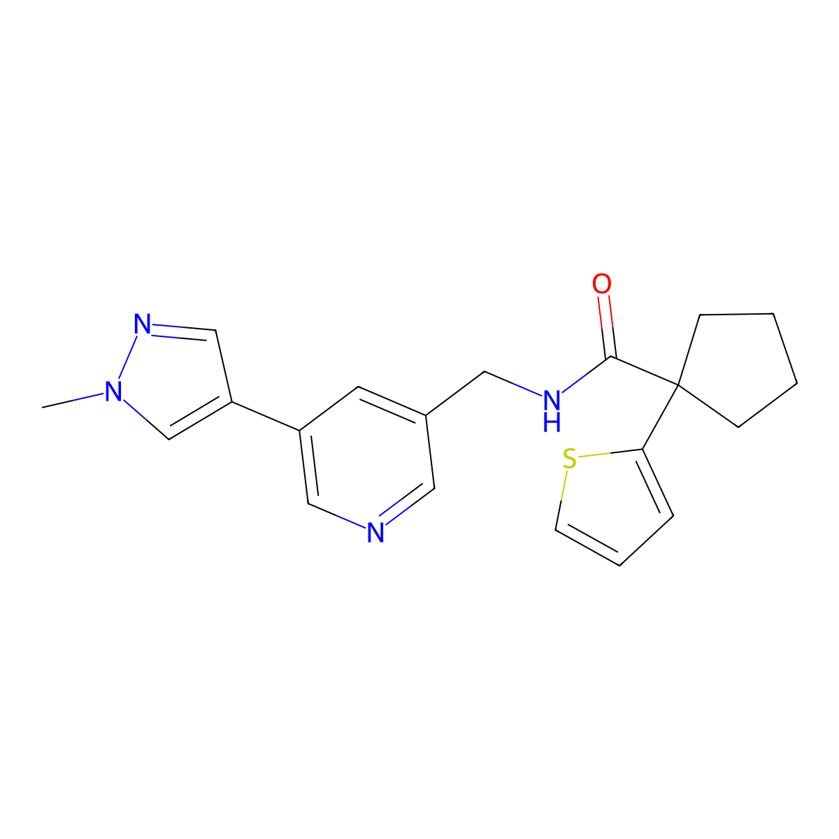 N-((5-(1-methyl-1H-pyrazol-4-yl)pyridin-3-yl)methyl)-1-(thiophen-2-yl)cyclopentanecarboxamide molecular structure, CAS 2034558-26-2