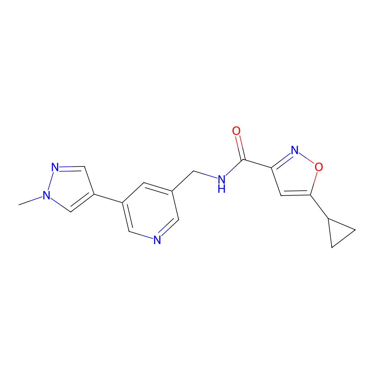 5-cyclopropyl-N-((5-(1-methyl-1H-pyrazol-4-yl)pyridin-3-yl)methyl)isoxazole-3-carboxamide molecular structure, CAS 2034558-31-9