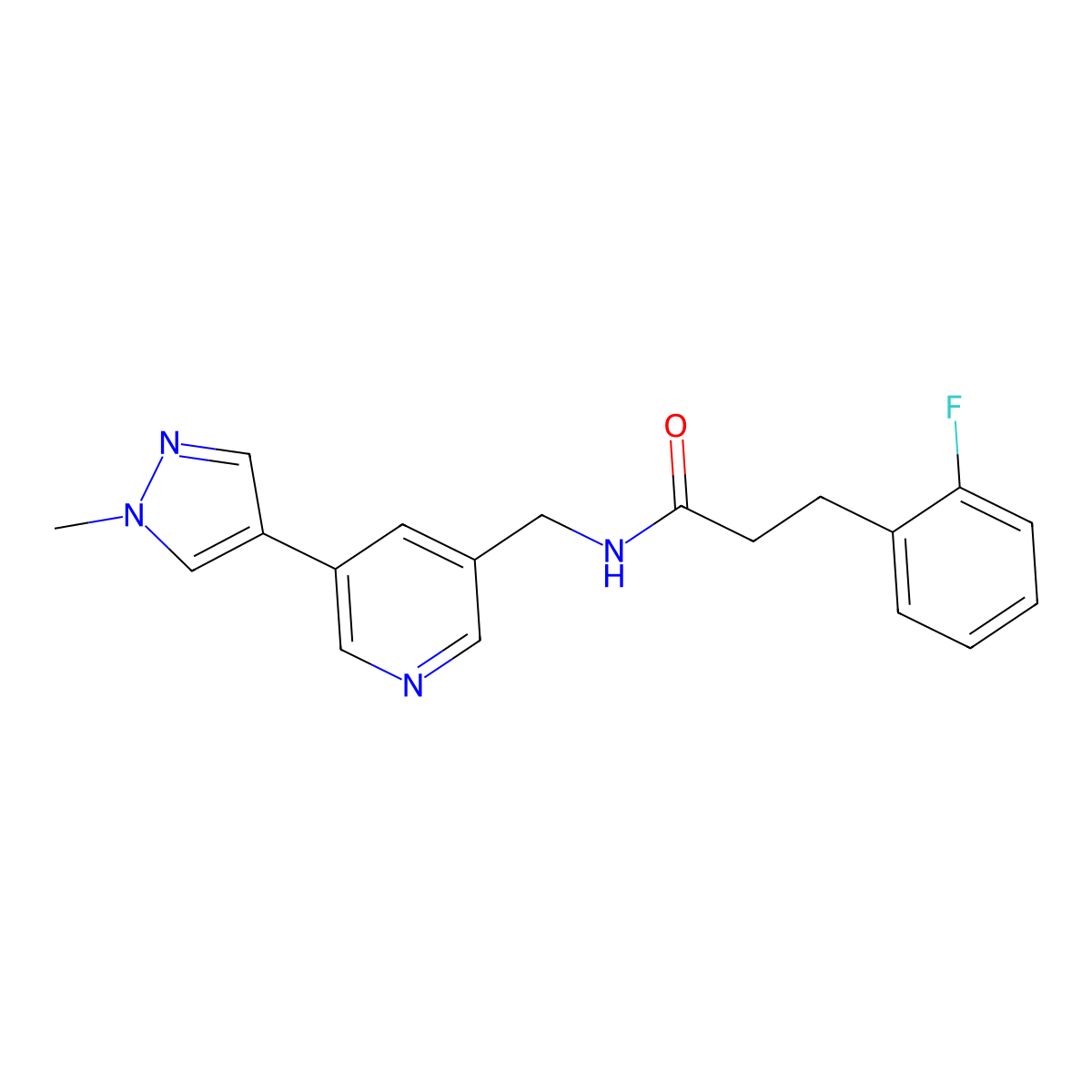 3-(2-fluorophenyl)-N-((5-(1-methyl-1H-pyrazol-4-yl)pyridin-3-yl)methyl)propanamide molecular structure, CAS 2034558-38-6