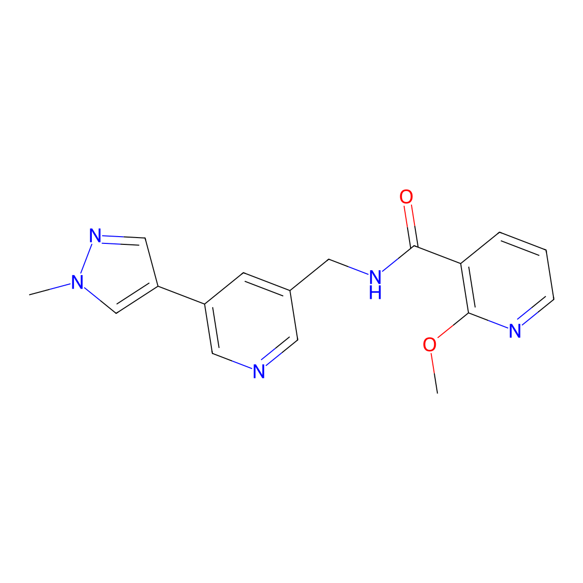 2-methoxy-N-((5-(1-methyl-1H-pyrazol-4-yl)pyridin-3-yl)methyl)nicotinamide molecular structure, CAS 2034558-45-5