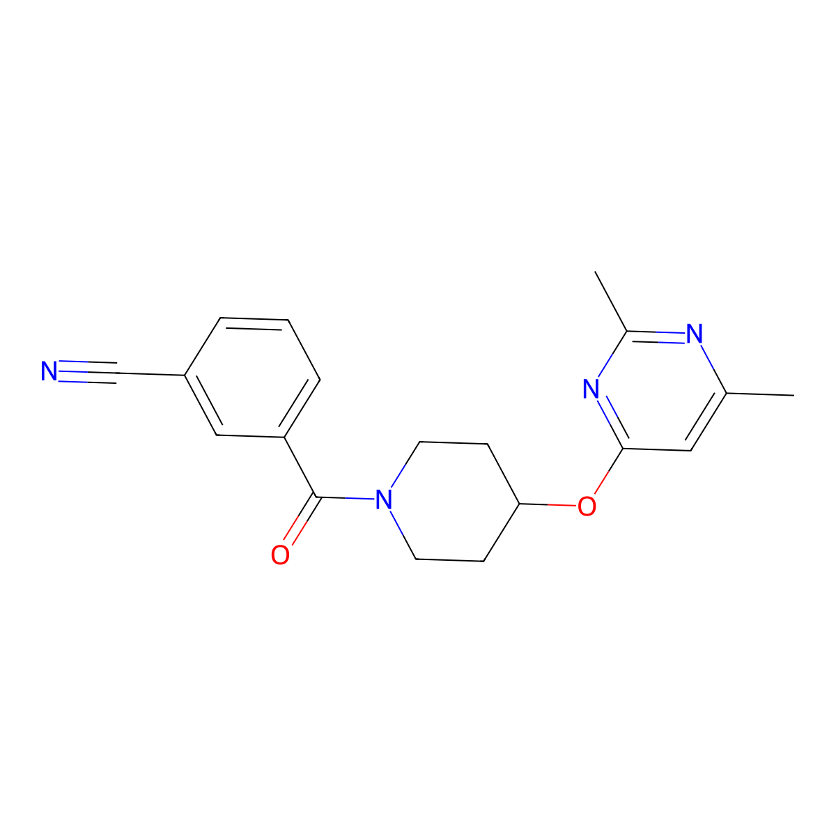 3-(4-((2,6-Dimethylpyrimidin-4-yl)oxy)piperidine-1-carbonyl)benzonitrile molecular structure, CAS 2034558-48-8