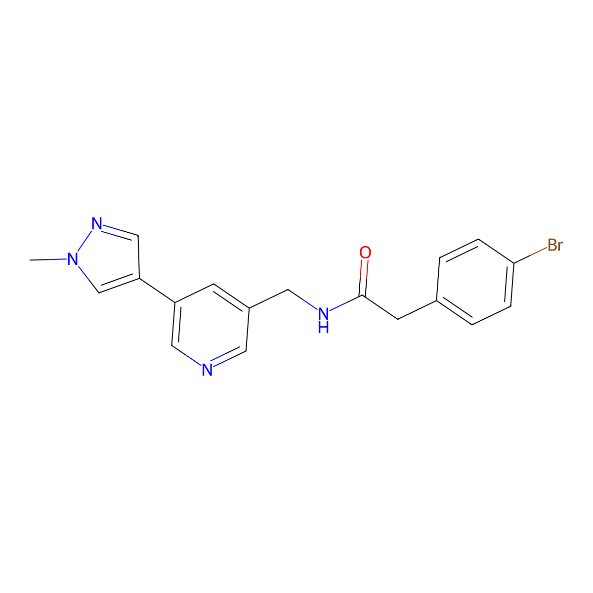 2-(4-bromophenyl)-N-((5-(1-methyl-1H-pyrazol-4-yl)pyridin-3-yl)methyl)acetamide molecular structure, CAS 2034558-51-3