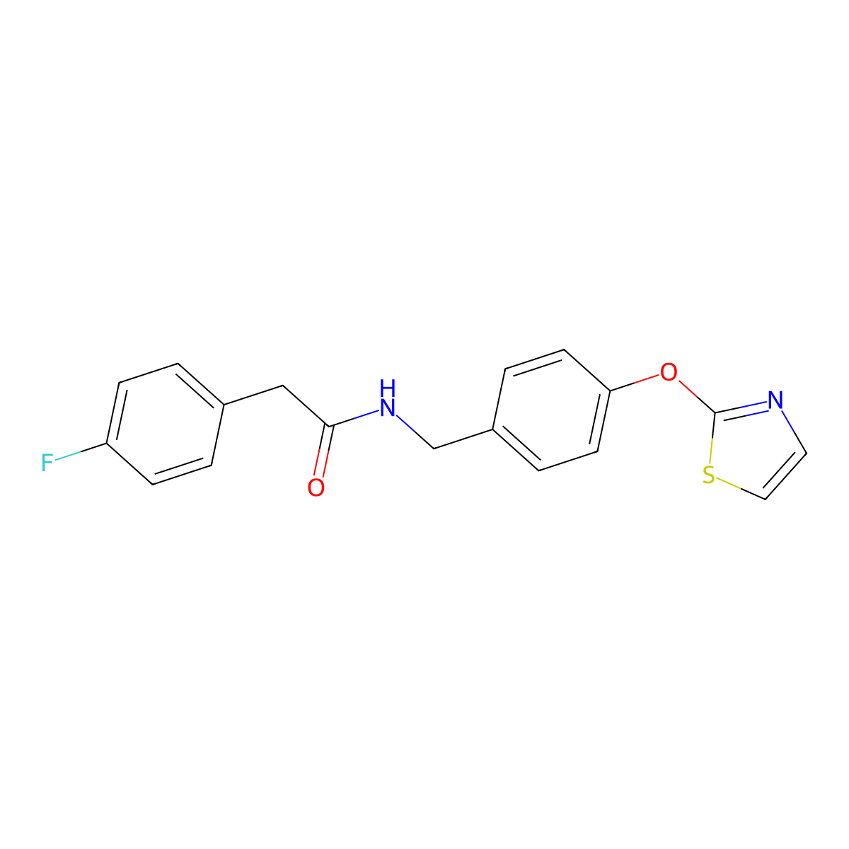 2-(4-fluorophenyl)-N-(4-(thiazol-2-yloxy)benzyl)acetamide molecular structure, CAS 2034558-60-4