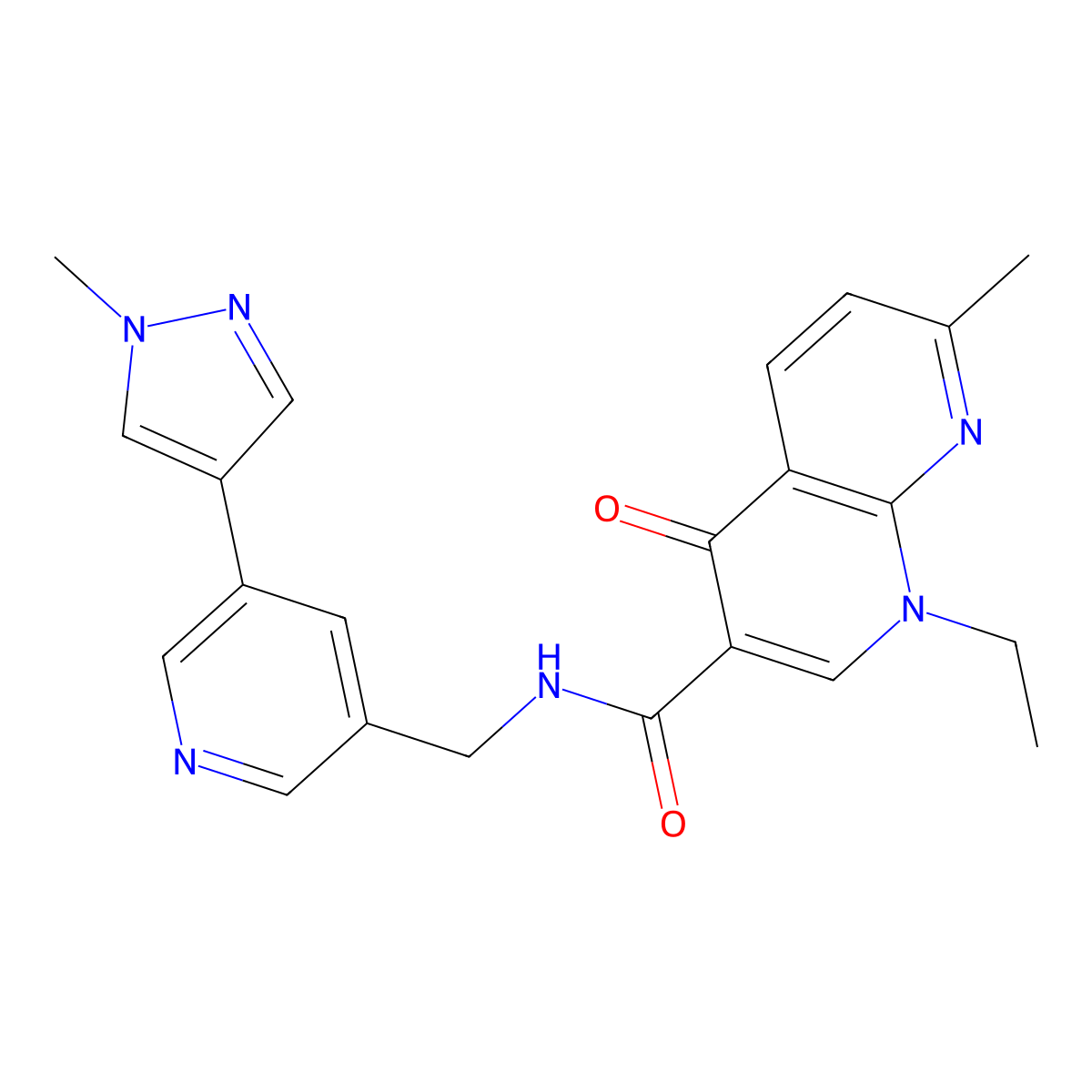 1-ethyl-7-methyl-N-((5-(1-methyl-1H-pyrazol-4-yl)pyridin-3-yl)methyl)-4-oxo-1,4-dihydro-1,8-naphthyridine-3-carboxamide molecular structure, CAS 2034558-66-0