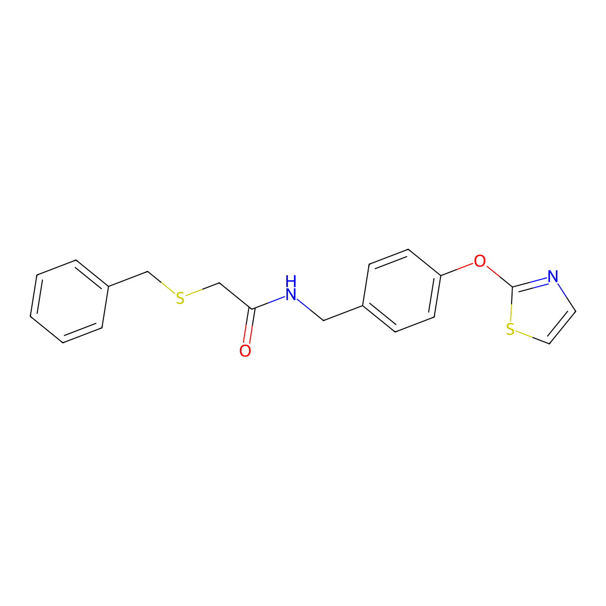 2-(benzylthio)-N-(4-(thiazol-2-yloxy)benzyl)acetamide molecular structure, CAS 2034558-70-6