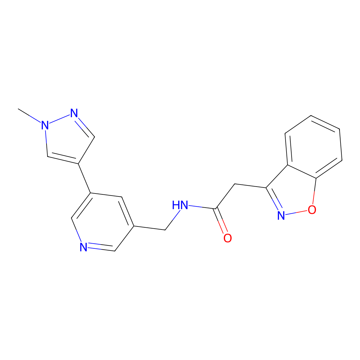 2-(benzo[d]isoxazol-3-yl)-N-((5-(1-methyl-1H-pyrazol-4-yl)pyridin-3-yl)methyl)acetamide molecular structure, CAS 2034558-74-0