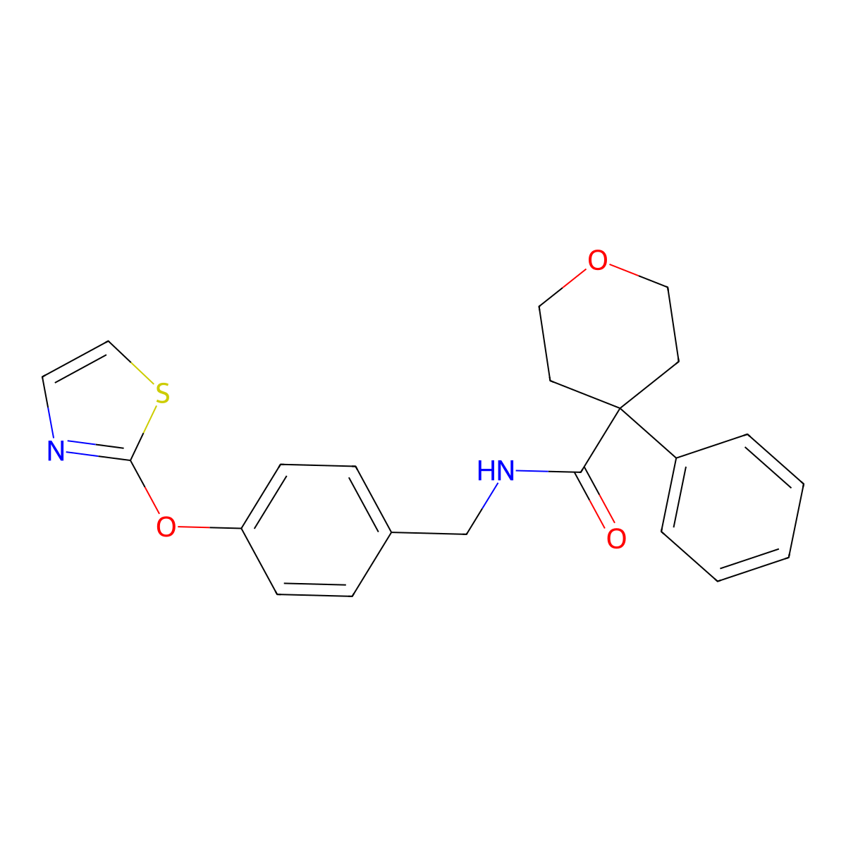 4-phenyl-N-(4-(thiazol-2-yloxy)benzyl)tetrahydro-2H-pyran-4-carboxamide molecular structure, CAS 2034558-75-1