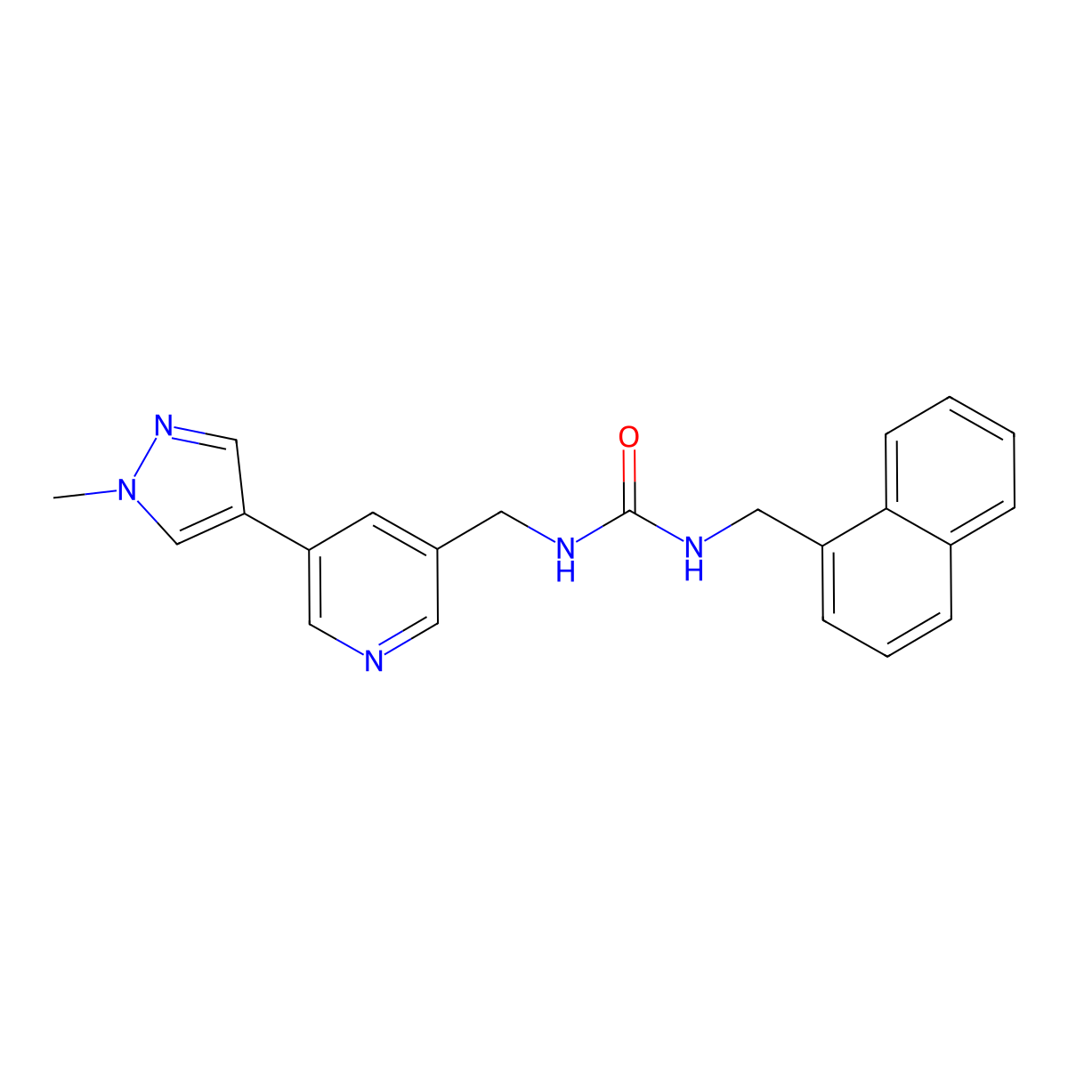 1-((5-(1-methyl-1H-pyrazol-4-yl)pyridin-3-yl)methyl)-3-(naphthalen-1-ylmethyl)urea molecular structure, CAS 2034558-84-2