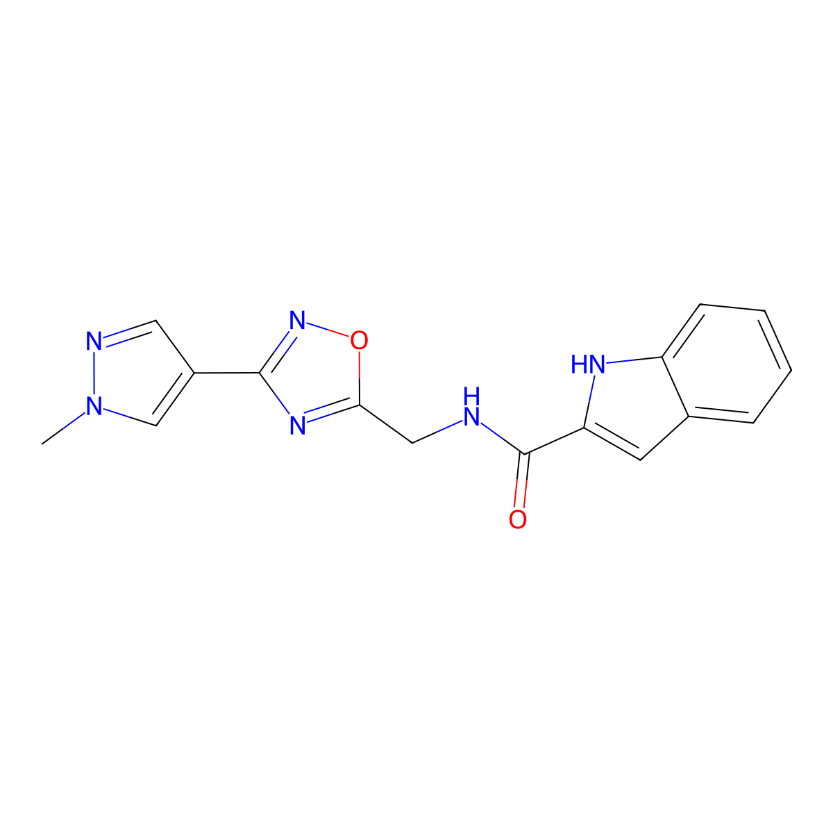 N-{[3-(1-methyl-1H-pyrazol-4-yl)-1,2,4-oxadiazol-5-yl]methyl}-1H-indole-2-carboxamide molecular structure, CAS 2034558-86-4