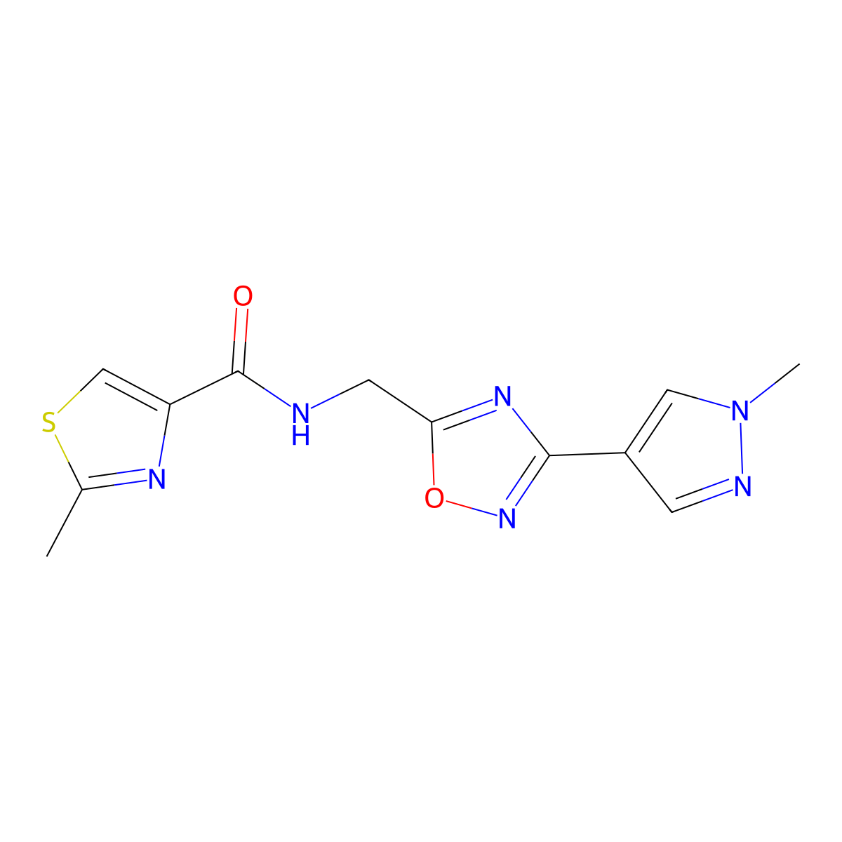 2-methyl-N-((3-(1-methyl-1H-pyrazol-4-yl)-1,2,4-oxadiazol-5-yl)methyl)thiazole-4-carboxamide molecular structure, CAS 2034558-92-2