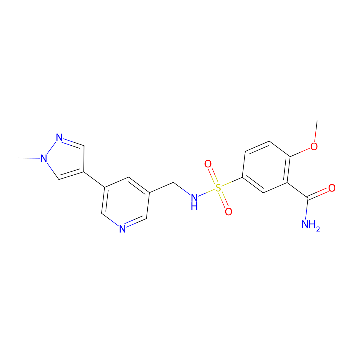 2-methoxy-5-(N-((5-(1-methyl-1H-pyrazol-4-yl)pyridin-3-yl)methyl)sulfamoyl)benzamide molecular structure, CAS 2034558-93-3
