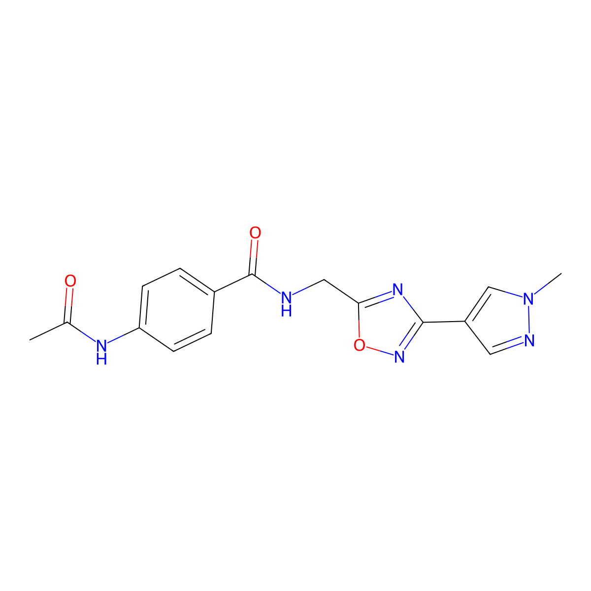 4-acetamido-N-{[3-(1-methyl-1H-pyrazol-4-yl)-1,2,4-oxadiazol-5-yl]methyl}benzamide molecular structure, CAS 2034558-95-5