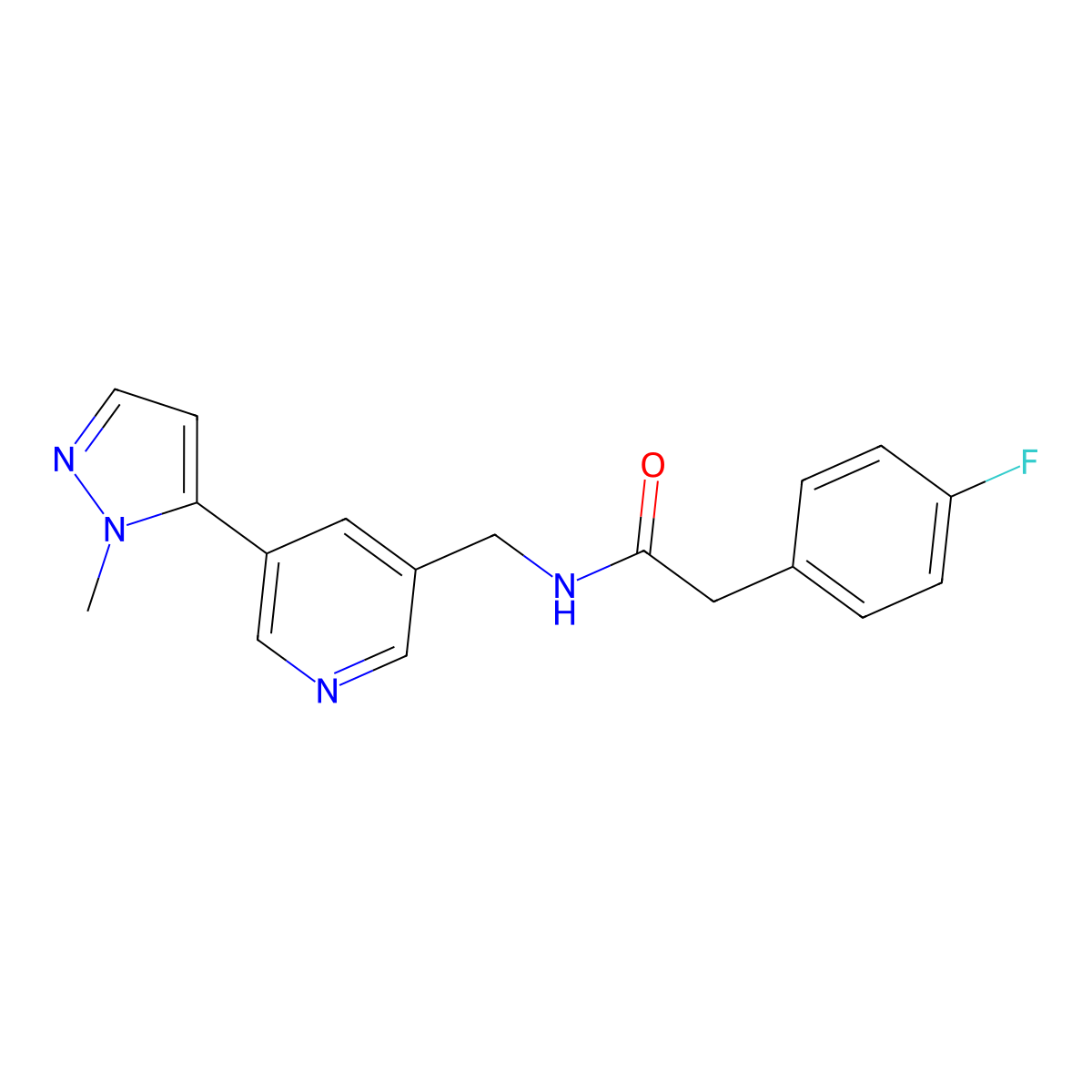 2-(4-fluorophenyl)-N-((5-(1-methyl-1H-pyrazol-5-yl)pyridin-3-yl)methyl)acetamide molecular structure, CAS 2034559-00-5