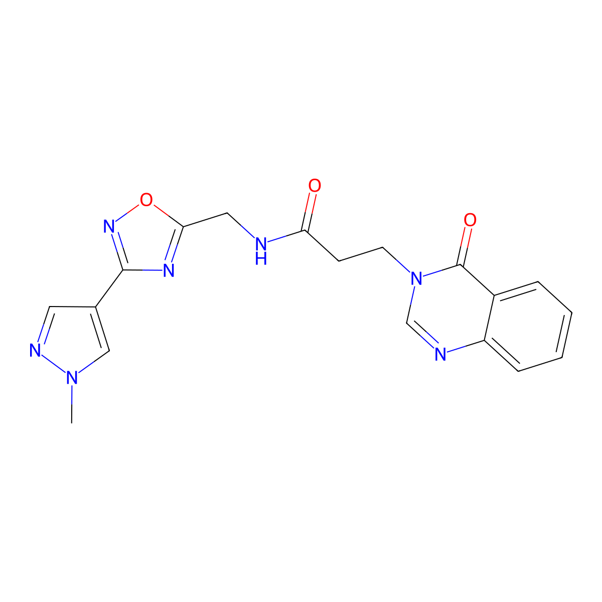 N-((3-(1-methyl-1H-pyrazol-4-yl)-1,2,4-oxadiazol-5-yl)methyl)-3-(4-oxoquinazolin-3(4H)-yl)propanamide molecular structure, CAS 2034559-06-1