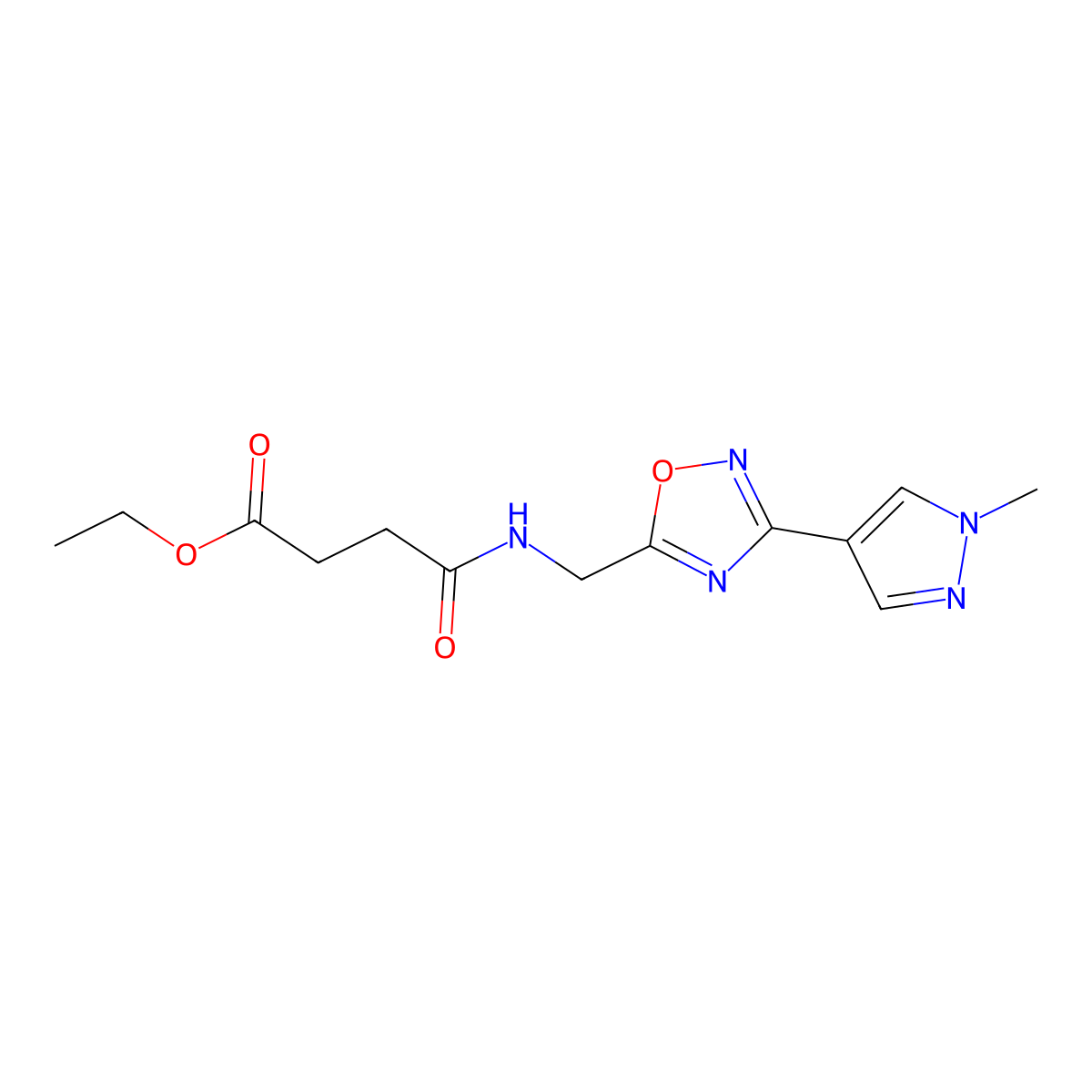 ethyl 4-(((3-(1-methyl-1H-pyrazol-4-yl)-1,2,4-oxadiazol-5-yl)methyl)amino)-4-oxobutanoate molecular structure, CAS 2034559-11-8