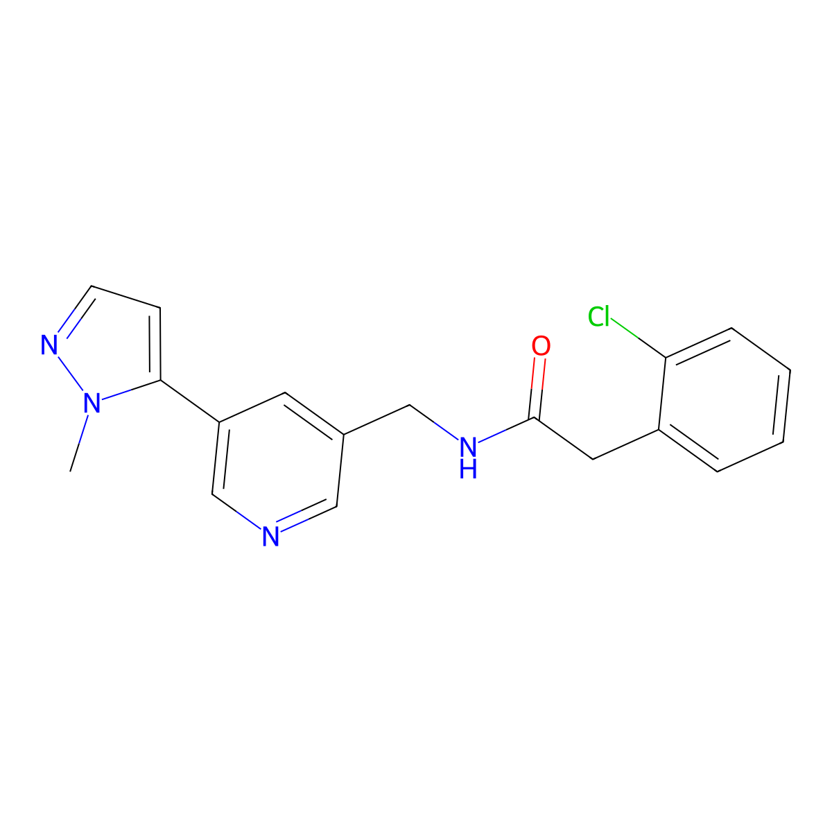 2-(2-chlorophenyl)-N-((5-(1-methyl-1H-pyrazol-5-yl)pyridin-3-yl)methyl)acetamide molecular structure, CAS 2034559-12-9
