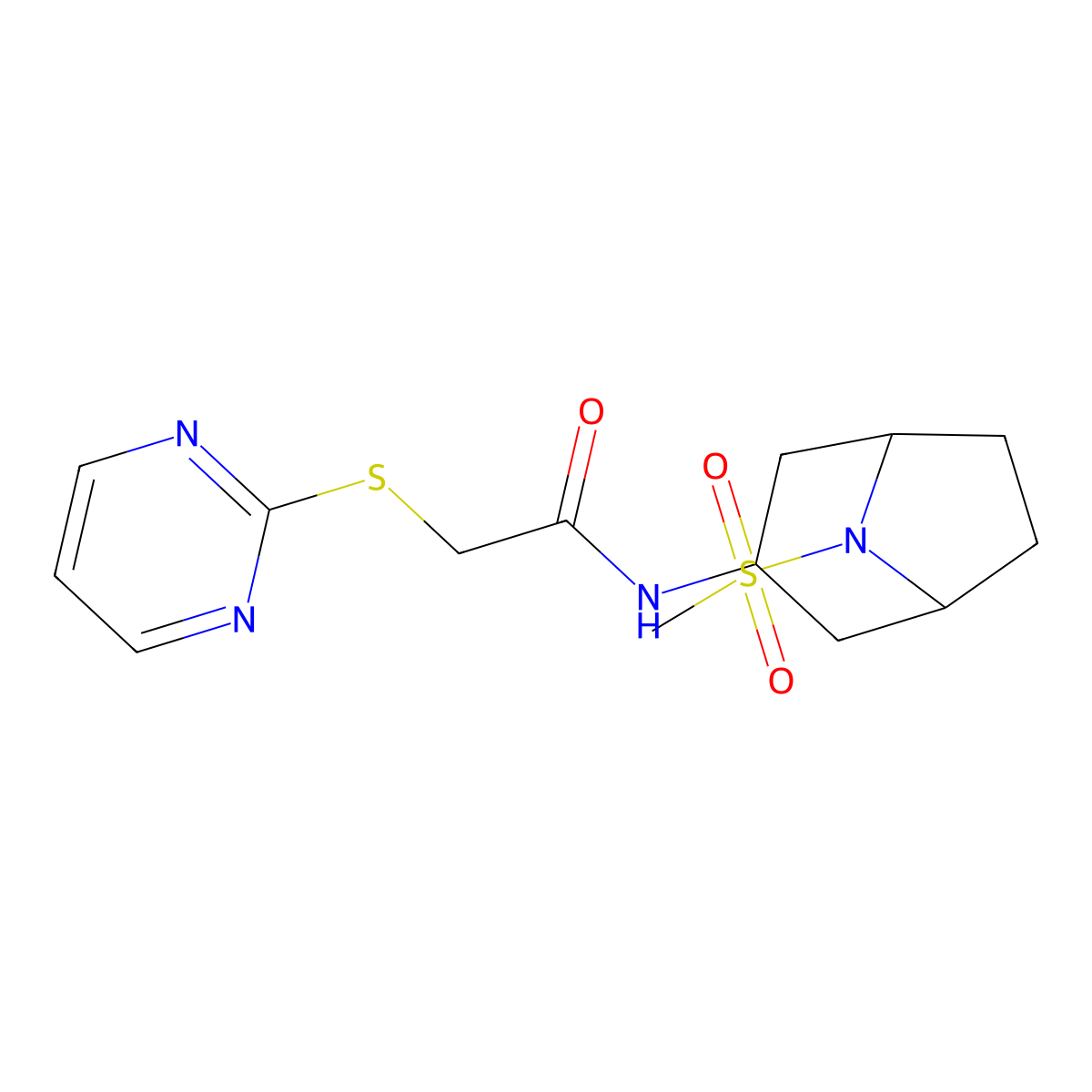 N-(8-(methylsulfonyl)-8-azabicyclo[3.2.1]octan-3-yl)-2-(pyrimidin-2-ylthio)acetamide molecular structure, CAS 2034559-17-4