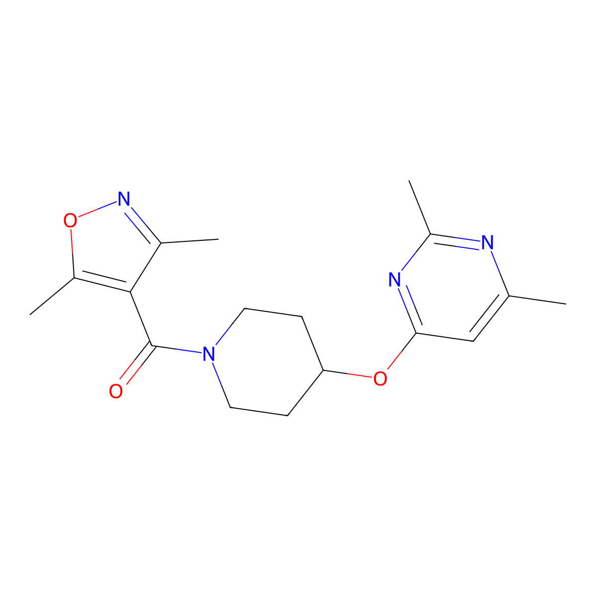 (3,5-Dimethylisoxazol-4-yl)(4-((2,6-dimethylpyrimidin-4-yl)oxy)piperidin-1-yl)methanone molecular structure, CAS 2034559-18-5