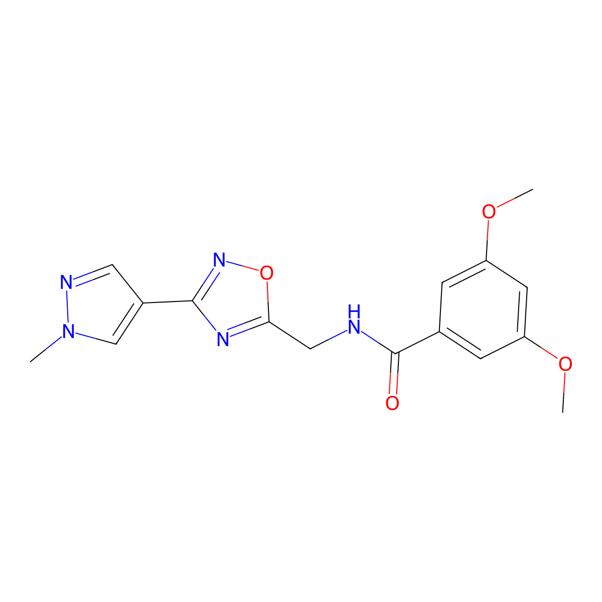 3,5-dimethoxy-N-((3-(1-methyl-1H-pyrazol-4-yl)-1,2,4-oxadiazol-5-yl)methyl)benzamide molecular structure, CAS 2034559-19-6
