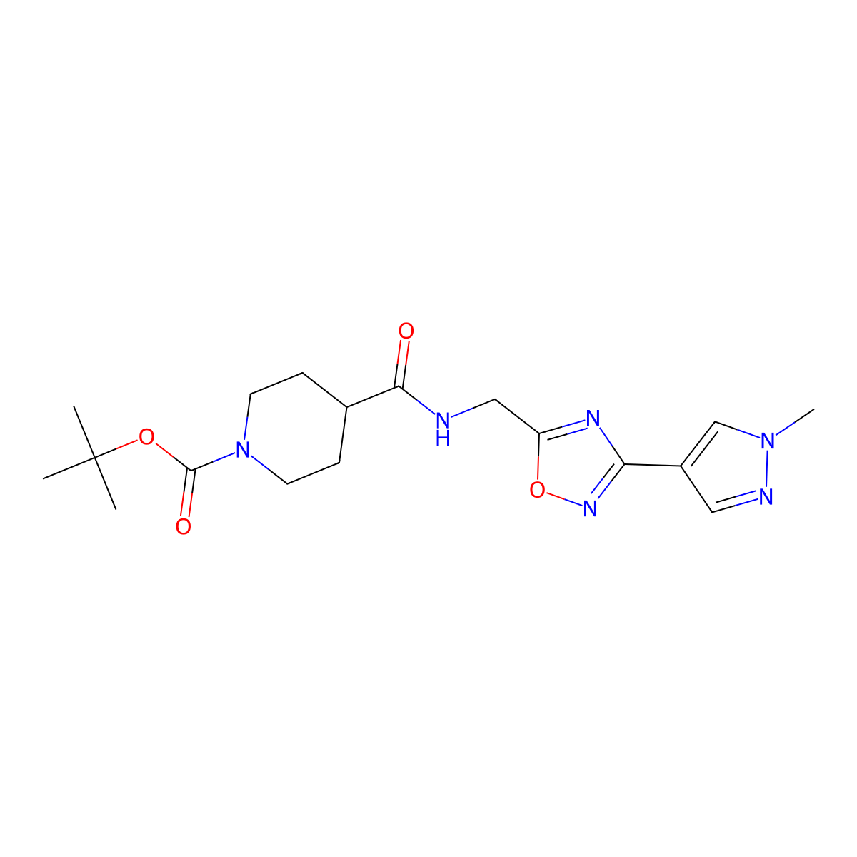 tert-butyl 4-(((3-(1-methyl-1H-pyrazol-4-yl)-1,2,4-oxadiazol-5-yl)methyl)carbamoyl)piperidine-1-carboxylate molecular structure, CAS 2034559-25-4