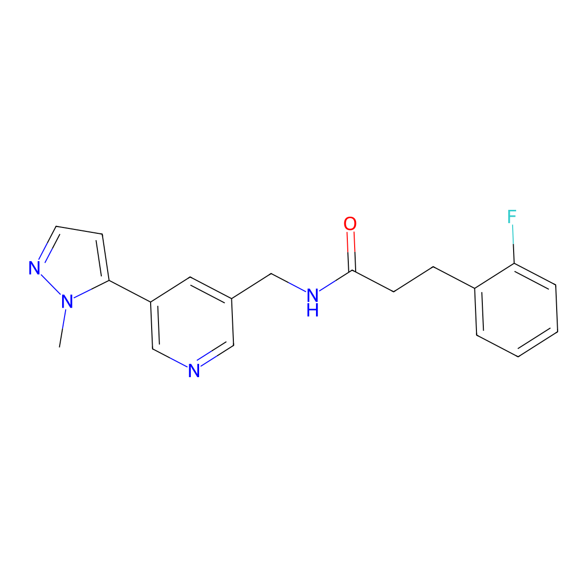 3-(2-fluorophenyl)-N-((5-(1-methyl-1H-pyrazol-5-yl)pyridin-3-yl)methyl)propanamide molecular structure, CAS 2034559-34-5