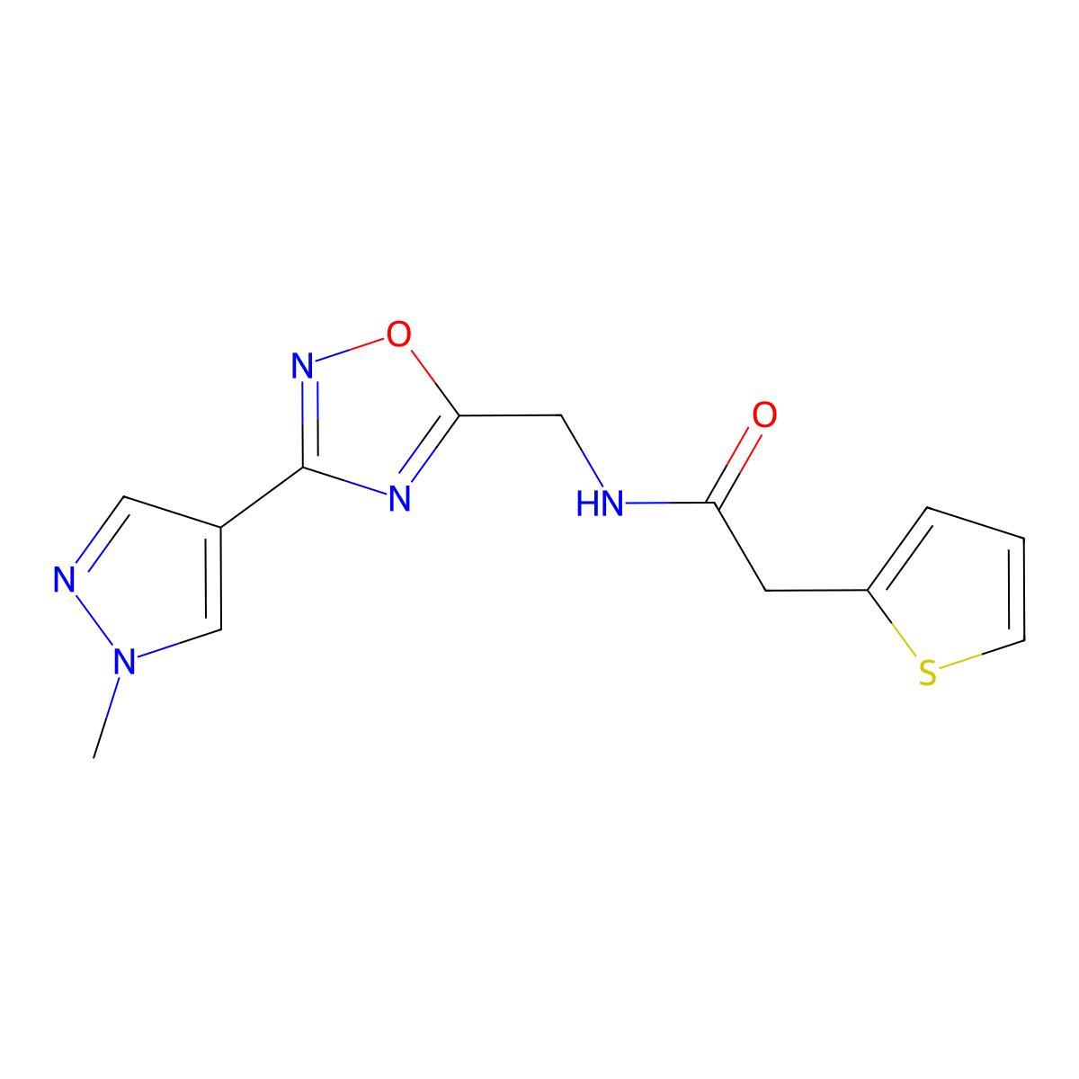 N-((3-(1-methyl-1H-pyrazol-4-yl)-1,2,4-oxadiazol-5-yl)methyl)-2-(thiophen-2-yl)acetamide molecular structure, CAS 2034559-36-7