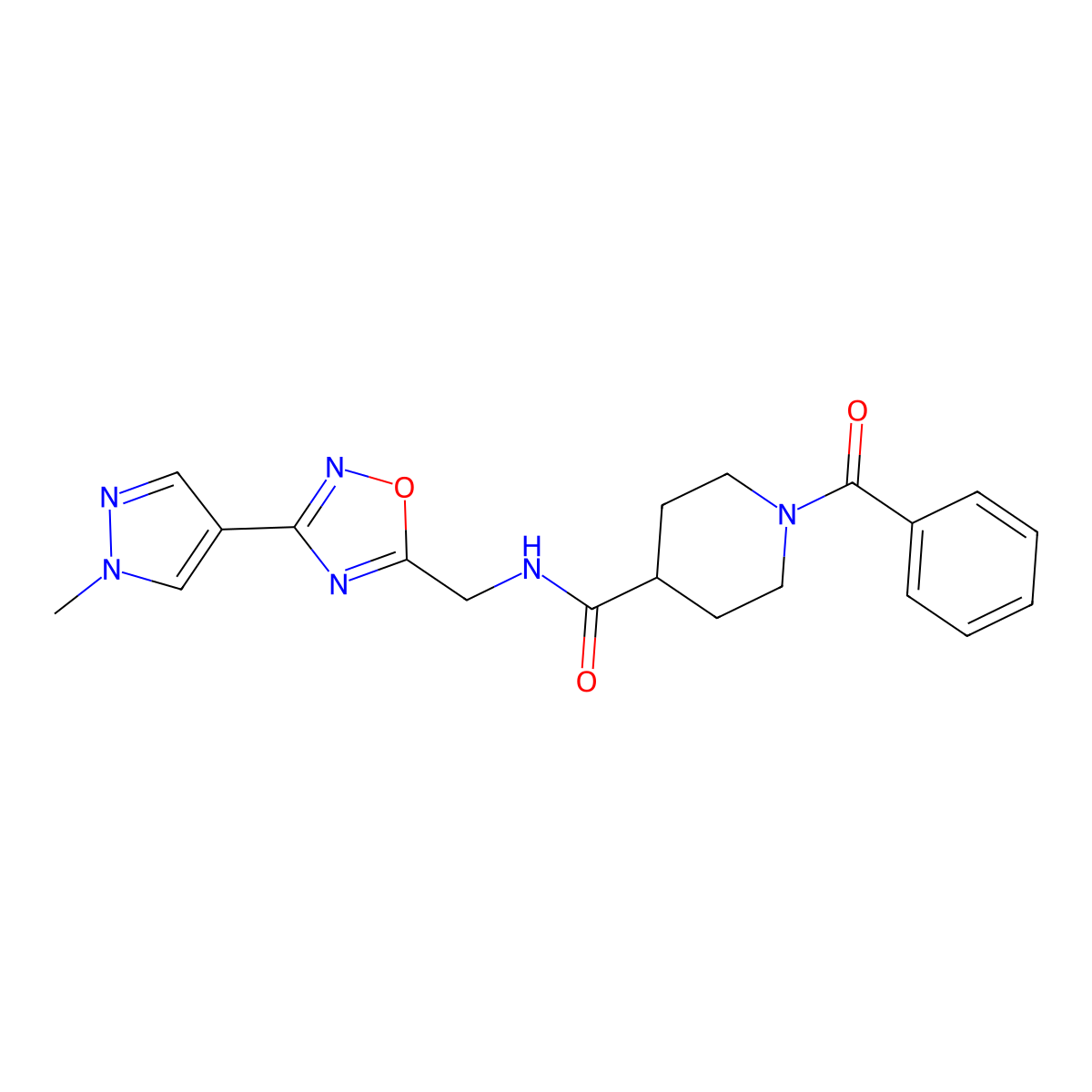 1-benzoyl-N-{[3-(1-methyl-1H-pyrazol-4-yl)-1,2,4-oxadiazol-5-yl]methyl}piperidine-4-carboxamide molecular structure, CAS 2034559-48-1