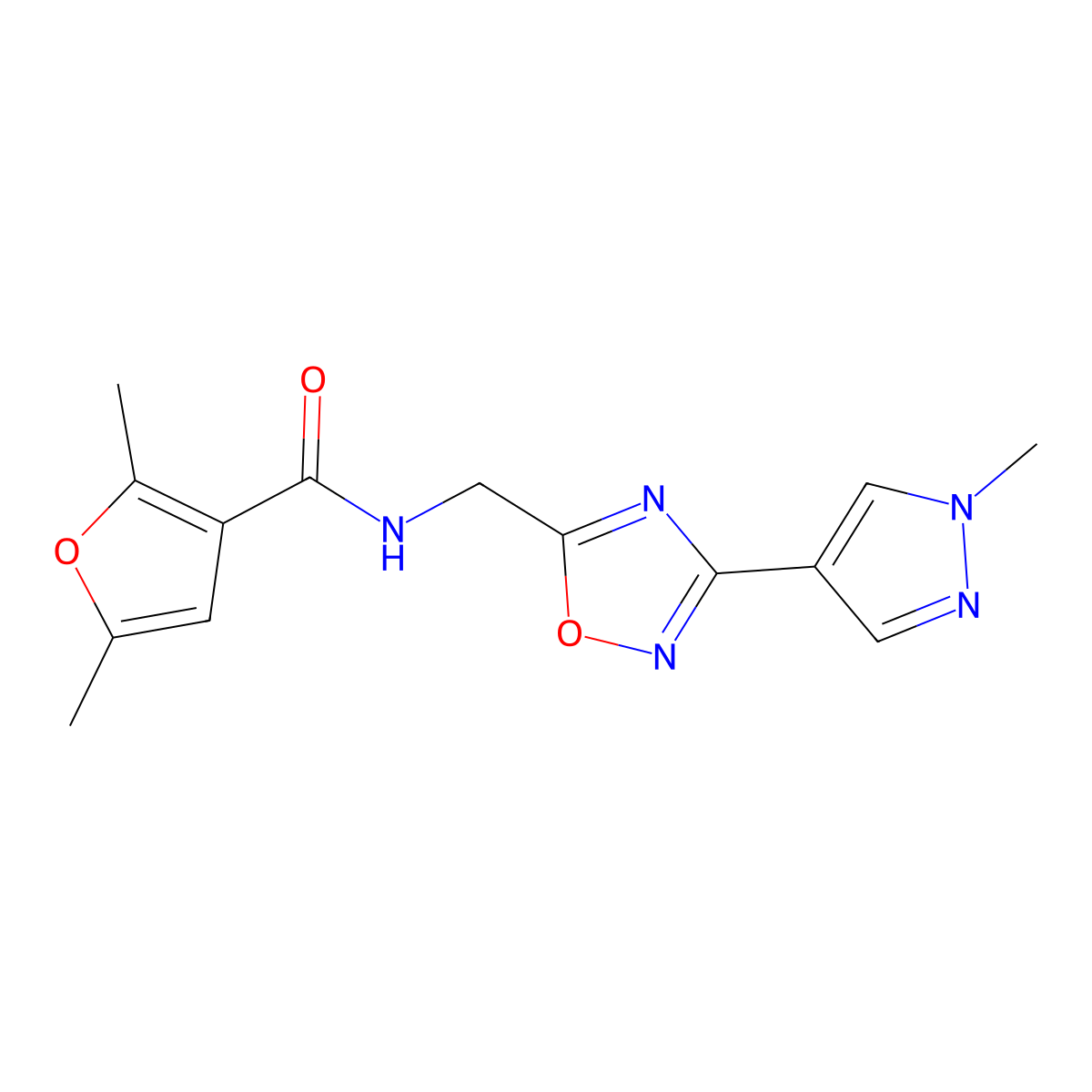 2,5-dimethyl-N-((3-(1-methyl-1H-pyrazol-4-yl)-1,2,4-oxadiazol-5-yl)methyl)furan-3-carboxamide molecular structure, CAS 2034559-54-9