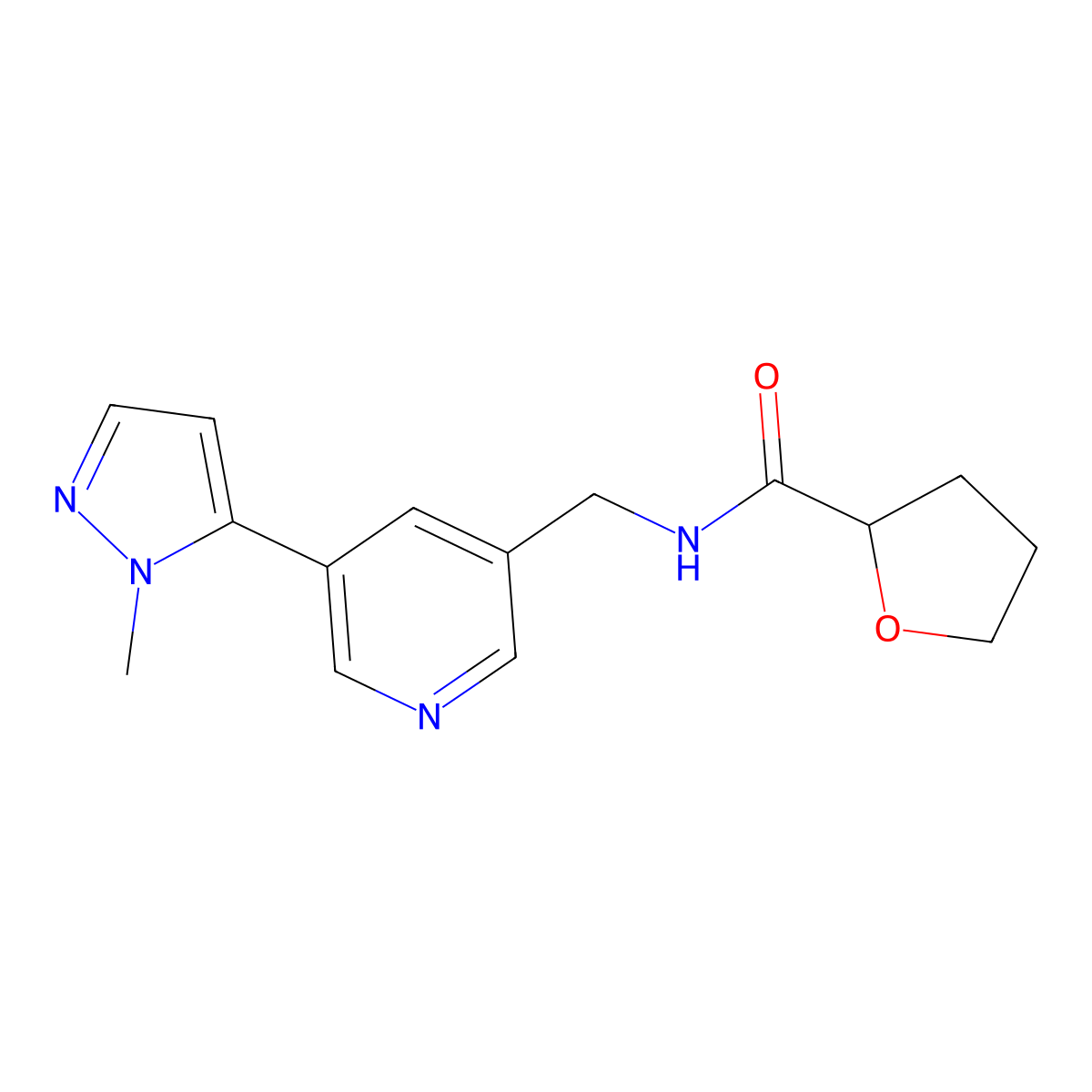 N-((5-(1-methyl-1H-pyrazol-5-yl)pyridin-3-yl)methyl)tetrahydrofuran-2-carboxamide molecular structure, CAS 2034559-55-0