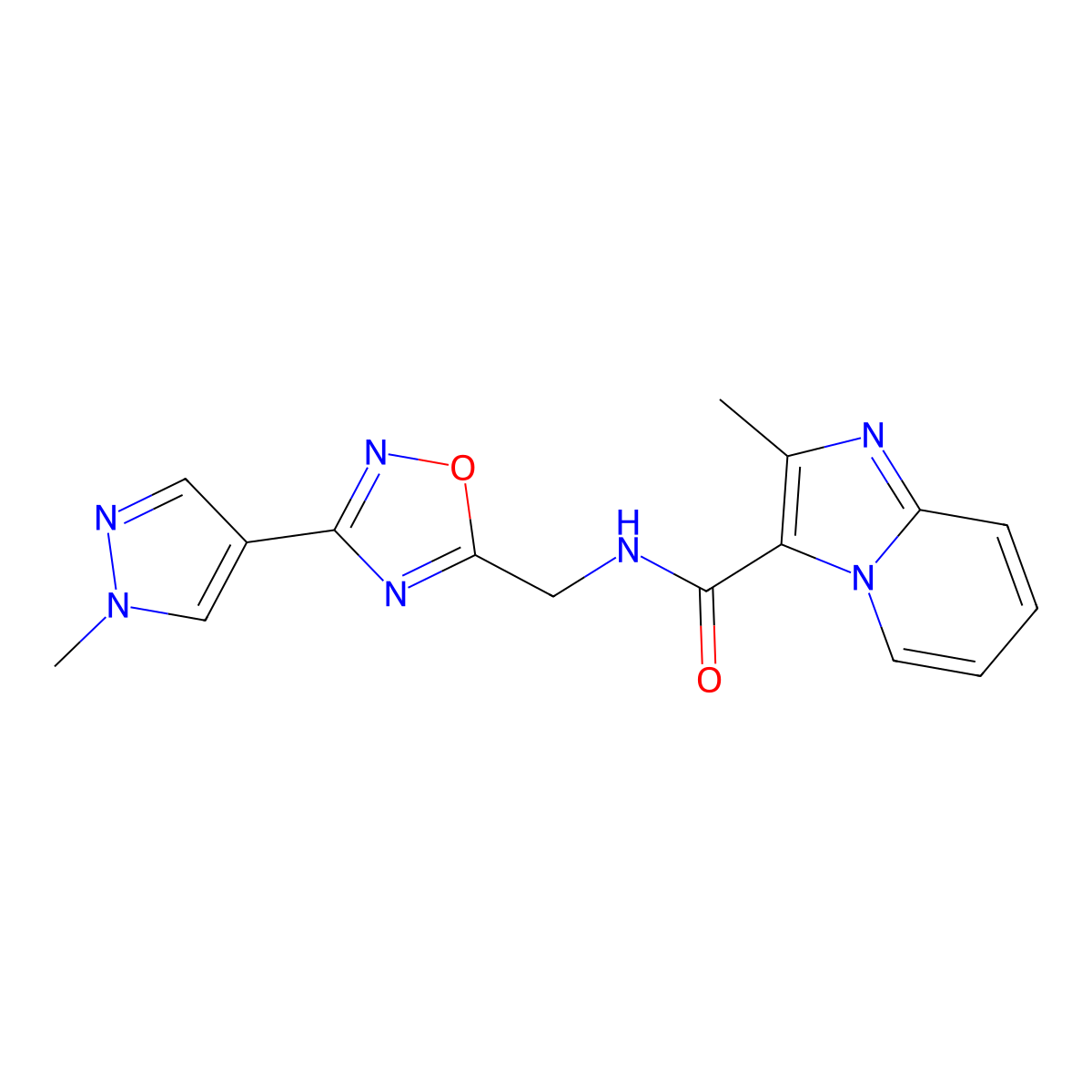 2-methyl-N-{[3-(1-methyl-1H-pyrazol-4-yl)-1,2,4-oxadiazol-5-yl]methyl}imidazo[1,2-a]pyridine-3-carboxamide molecular structure, CAS 2034559-61-8