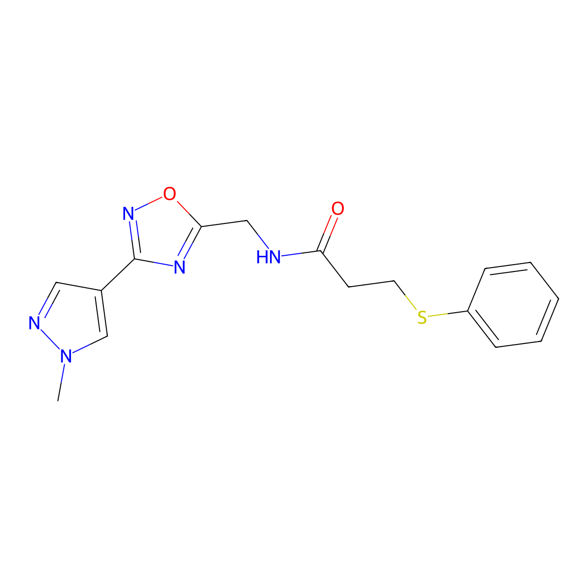 N-{[3-(1-methyl-1H-pyrazol-4-yl)-1,2,4-oxadiazol-5-yl]methyl}-3-(phenylsulfanyl)propanamide molecular structure, CAS 2034559-69-6