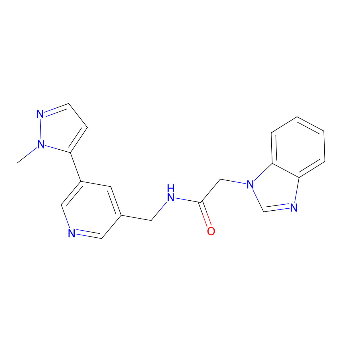 2-(1H-benzo[d]imidazol-1-yl)-N-((5-(1-methyl-1H-pyrazol-5-yl)pyridin-3-yl)methyl)acetamide molecular structure, CAS 2034559-70-9