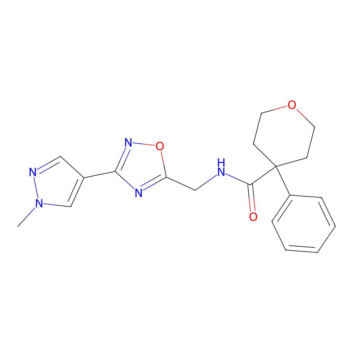 N-((3-(1-methyl-1H-pyrazol-4-yl)-1,2,4-oxadiazol-5-yl)methyl)-4-phenyltetrahydro-2H-pyran-4-carboxamide molecular structure, CAS 2034559-76-5