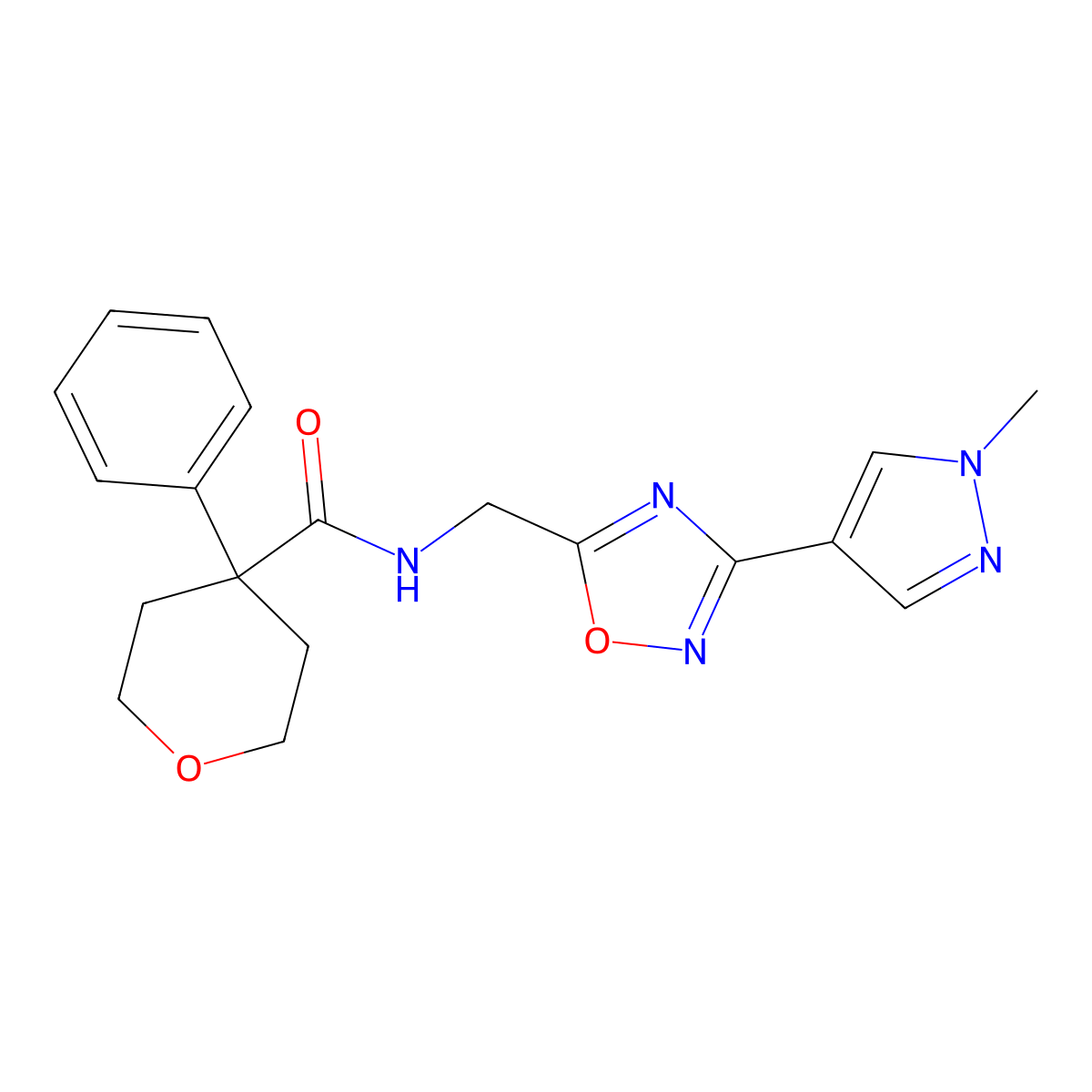 N-((3-(1-methyl-1H-pyrazol-4-yl)-1,2,4-oxadiazol-5-yl)methyl)-4-phenyltetrahydro-2H-pyran-4-carboxamide molecular structure, CAS 2034559-76-5