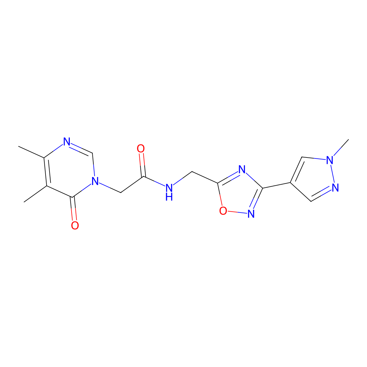 2-(4,5-dimethyl-6-oxopyrimidin-1(6H)-yl)-N-((3-(1-methyl-1H-pyrazol-4-yl)-1,2,4-oxadiazol-5-yl)methyl)acetamide molecular structure, CAS 2034559-82-3