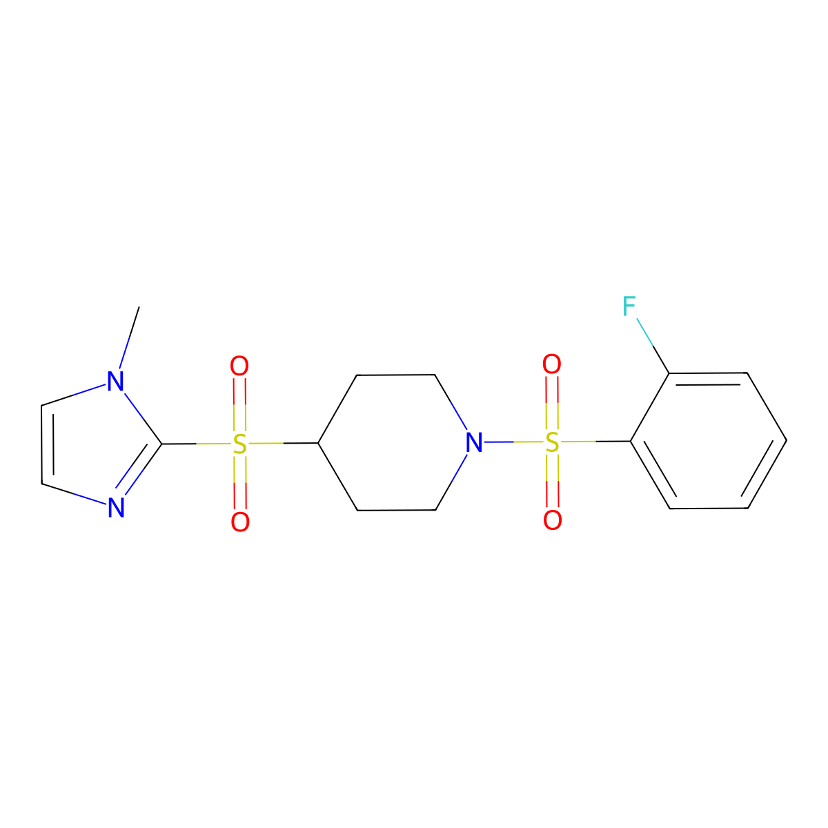 1-((2-fluorophenyl)sulfonyl)-4-((1-methyl-1H-imidazol-2-yl)sulfonyl)piperidine molecular structure, CAS 2034559-83-4