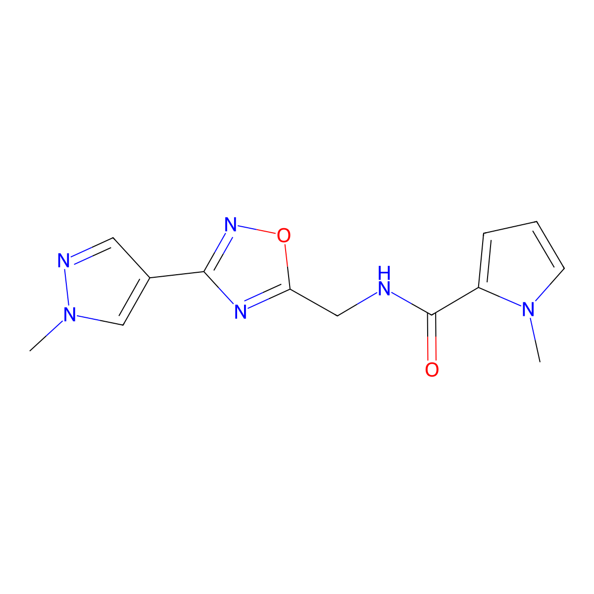 1-methyl-N-{[3-(1-methyl-1H-pyrazol-4-yl)-1,2,4-oxadiazol-5-yl]methyl}-1H-pyrrole-2-carboxamide molecular structure, CAS 2034559-88-9