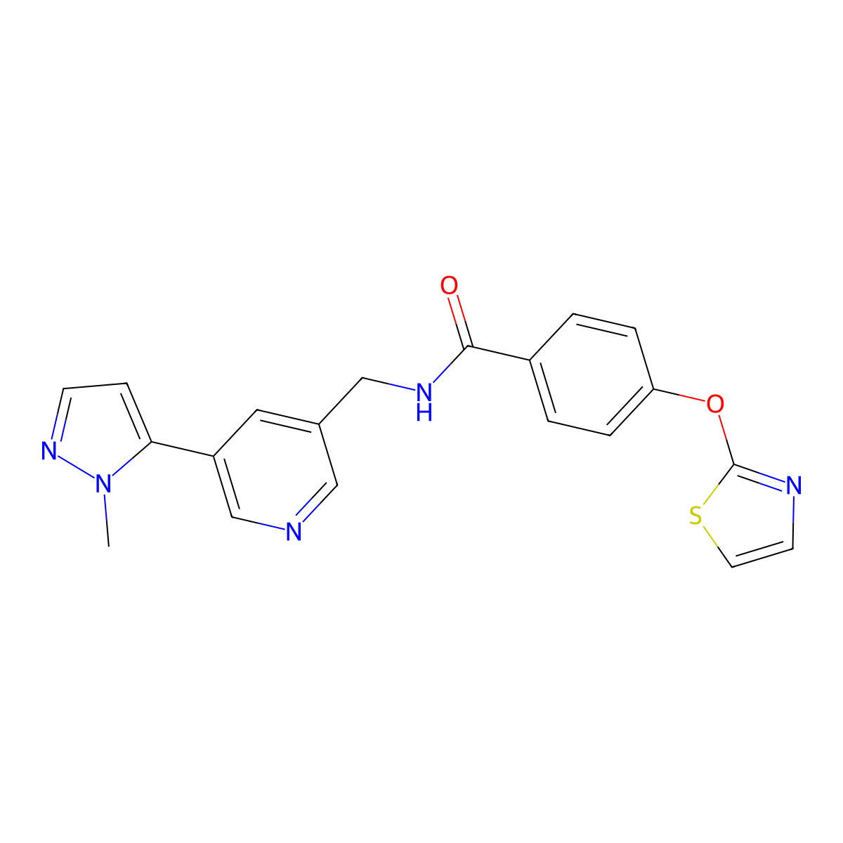 N-((5-(1-methyl-1H-pyrazol-5-yl)pyridin-3-yl)methyl)-4-(thiazol-2-yloxy)benzamide molecular structure, CAS 2034559-89-0