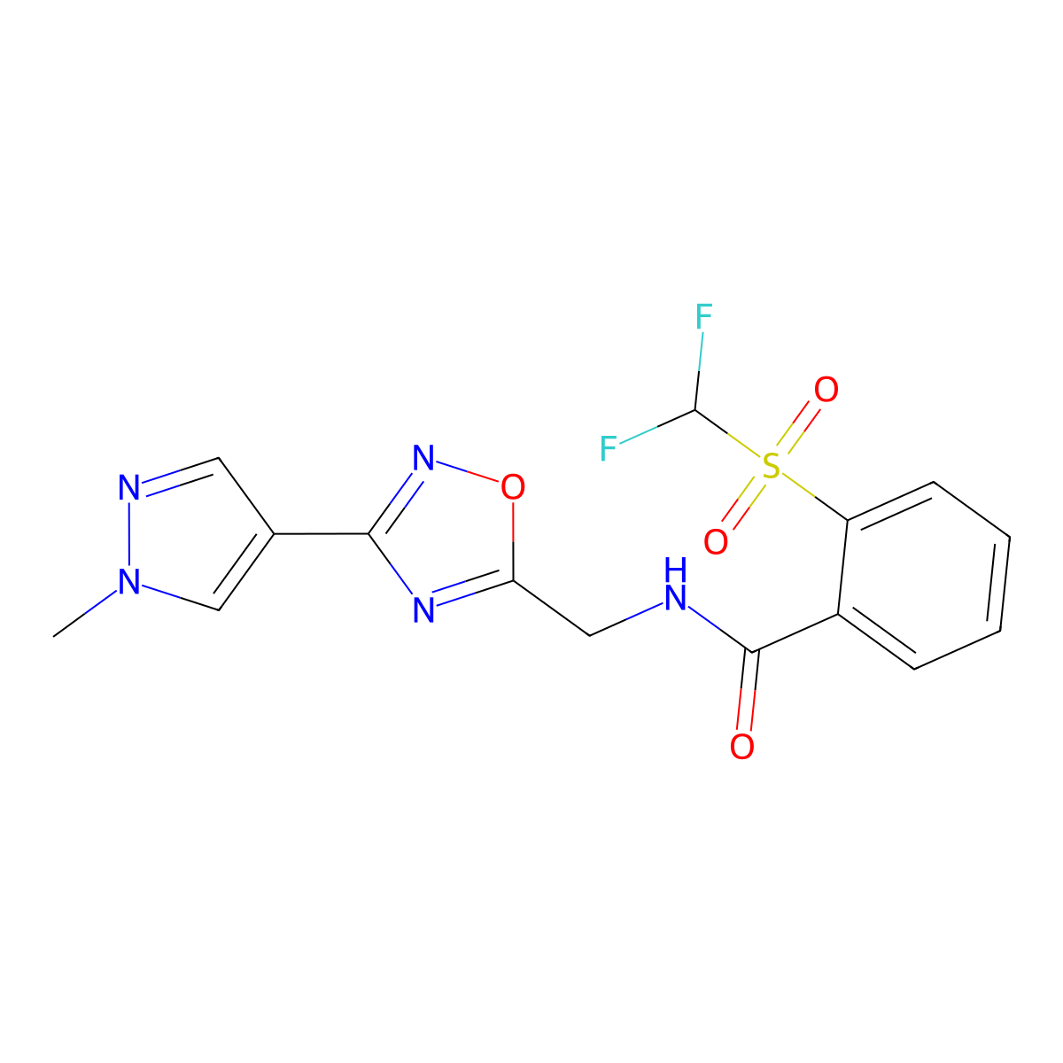 2-((difluoromethyl)sulfonyl)-N-((3-(1-methyl-1H-pyrazol-4-yl)-1,2,4-oxadiazol-5-yl)methyl)benzamide molecular structure, CAS 2034559-95-8