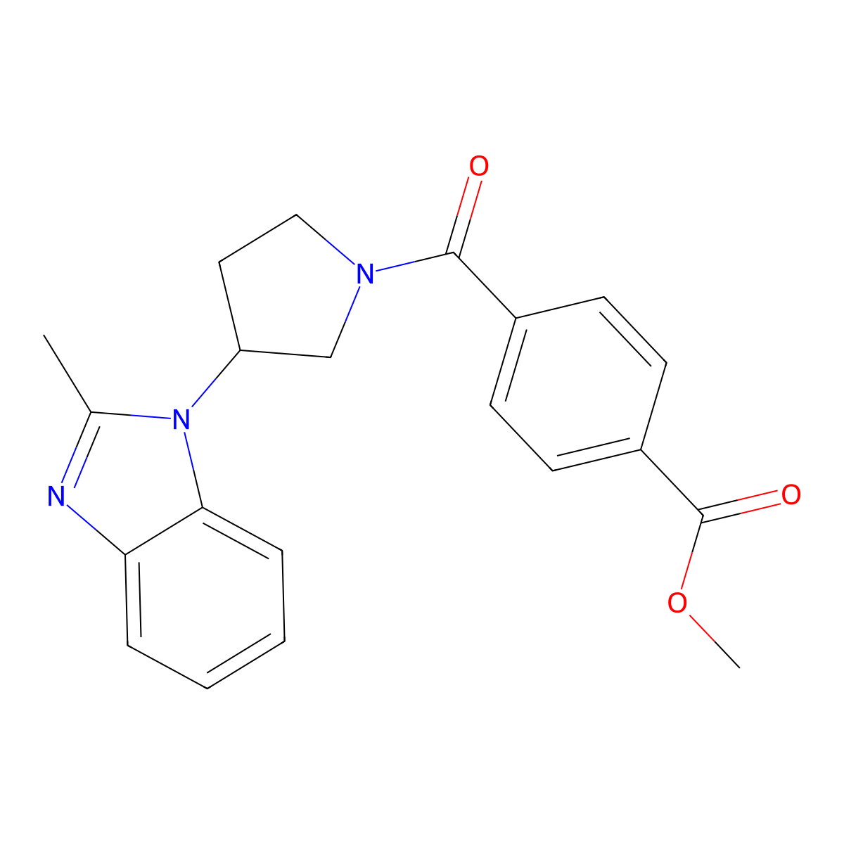 methyl 4-(3-(2-methyl-1H-benzo[d]imidazol-1-yl)pyrrolidine-1-carbonyl)benzoate molecular structure, CAS 2034559-98-1
