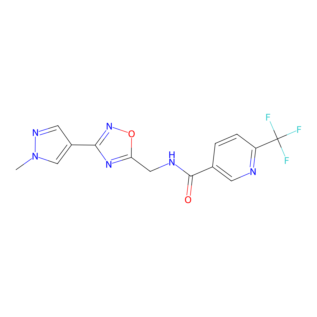 N-((3-(1-methyl-1H-pyrazol-4-yl)-1,2,4-oxadiazol-5-yl)methyl)-6-(trifluoromethyl)nicotinamide molecular structure, CAS 2034560-01-3