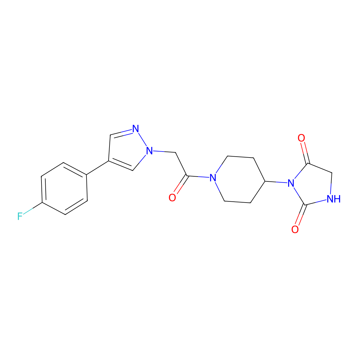 3-(1-{2-[4-(4-fluorophenyl)-1H-pyrazol-1-yl]acetyl}piperidin-4-yl)imidazolidine-2,4-dione molecular structure, CAS 2034560-02-4