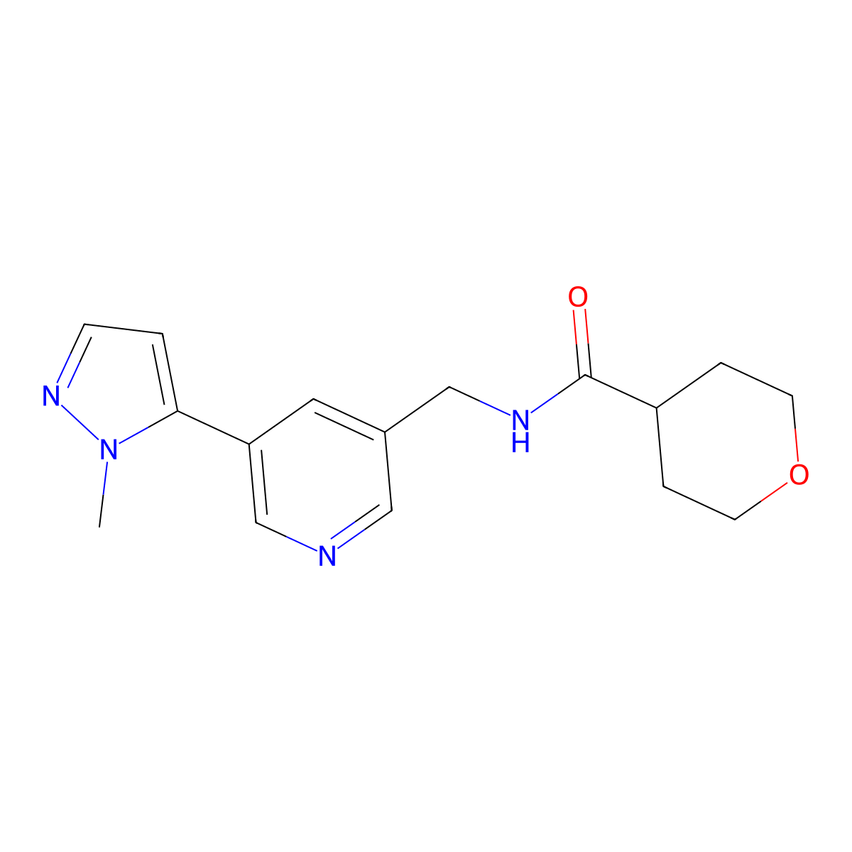N-((5-(1-methyl-1H-pyrazol-5-yl)pyridin-3-yl)methyl)tetrahydro-2H-pyran-4-carboxamide molecular structure, CAS 2034560-03-5