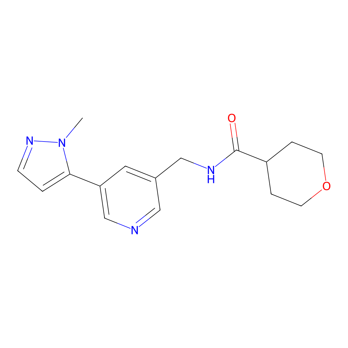 N-((5-(1-methyl-1H-pyrazol-5-yl)pyridin-3-yl)methyl)tetrahydro-2H-pyran-4-carboxamide molecular structure, CAS 2034560-03-5