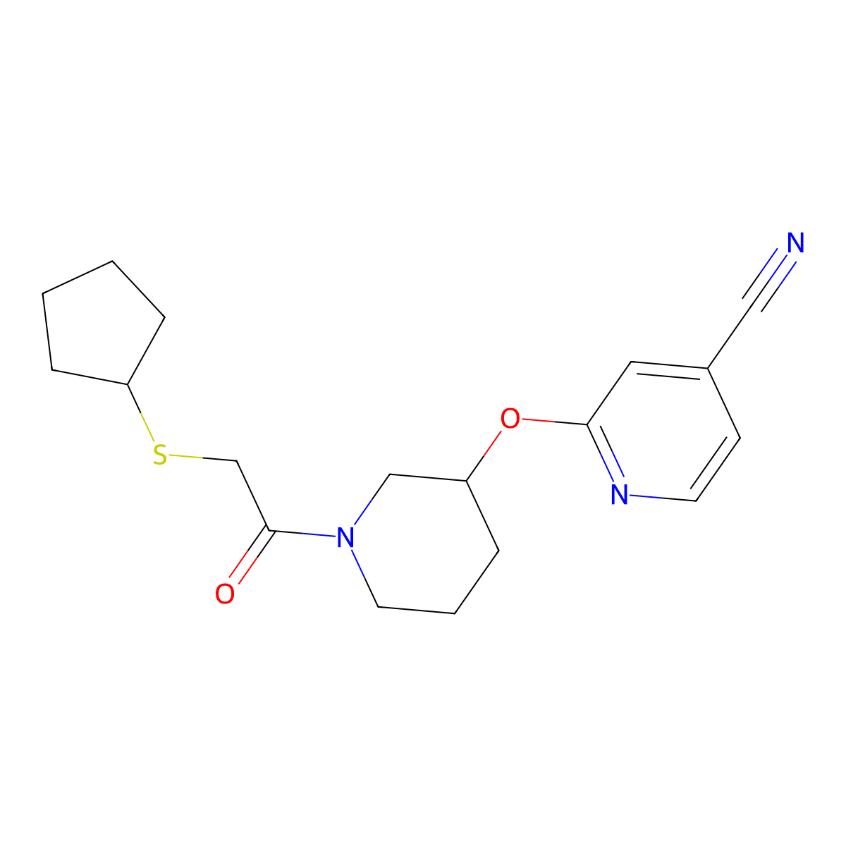 2-((1-(2-(Cyclopentylthio)acetyl)piperidin-3-yl)oxy)isonicotinonitrile molecular structure, CAS 2034560-04-6