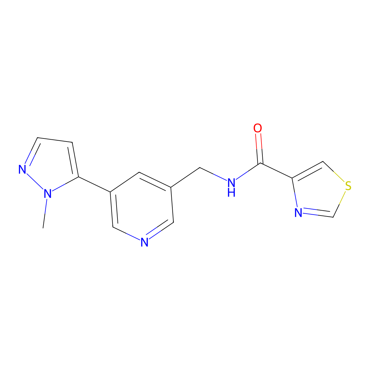 N-((5-(1-methyl-1H-pyrazol-5-yl)pyridin-3-yl)methyl)thiazole-4-carboxamide molecular structure, CAS 2034560-07-9
