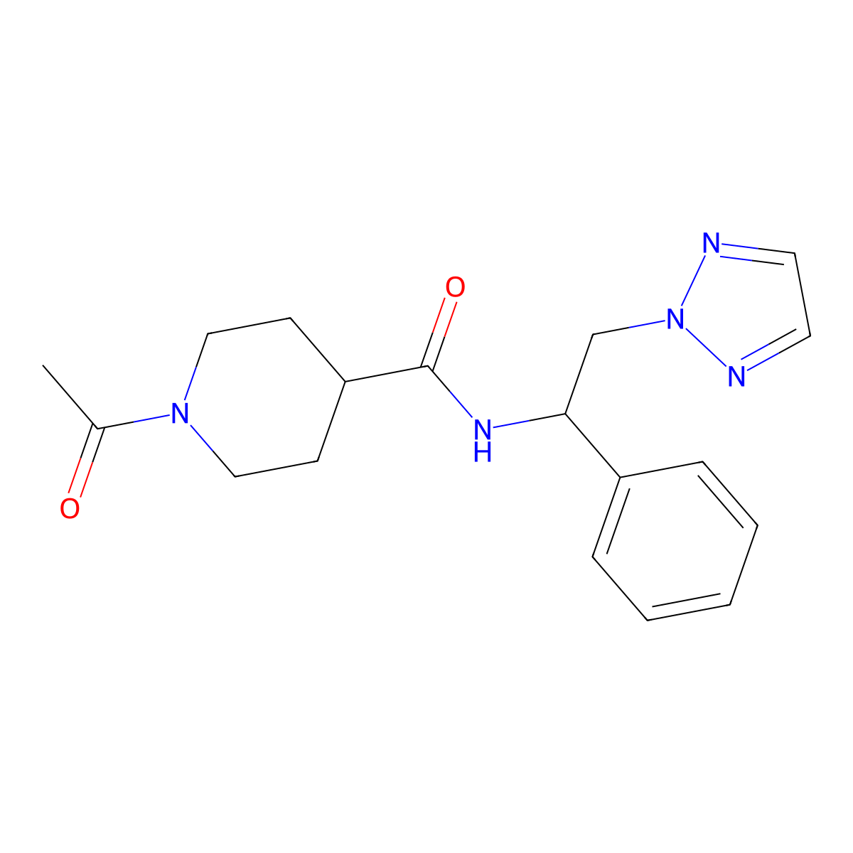 1-acetyl-N-[1-phenyl-2-(2H-1,2,3-triazol-2-yl)ethyl]piperidine-4-carboxamide molecular structure, CAS 2034560-09-1