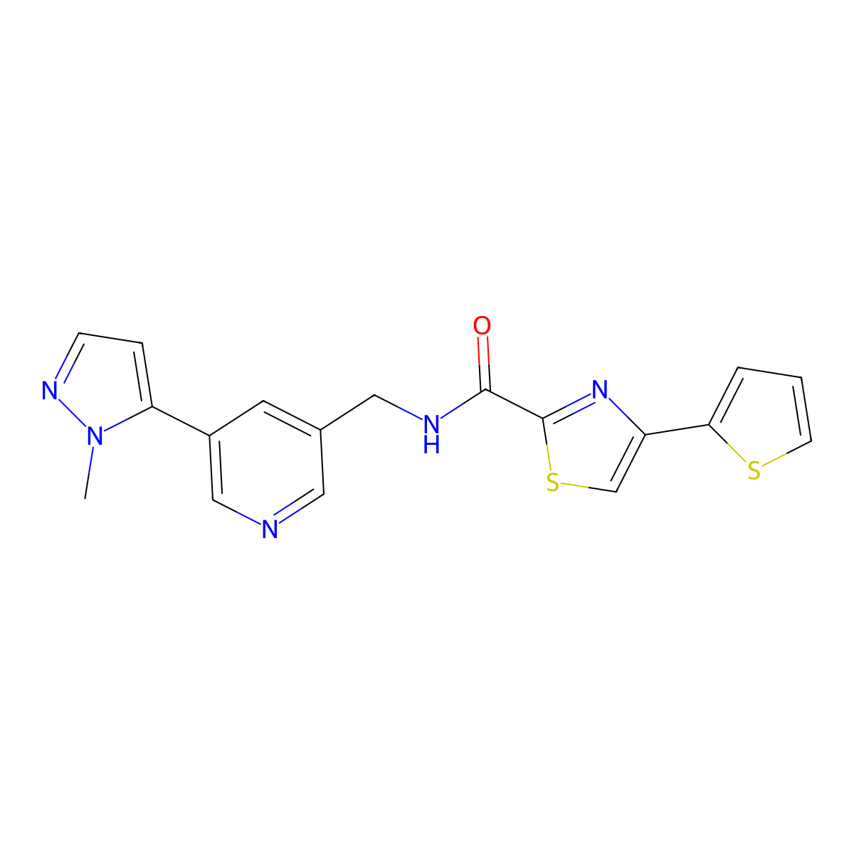 N-((5-(1-methyl-1H-pyrazol-5-yl)pyridin-3-yl)methyl)-4-(thiophen-2-yl)thiazole-2-carboxamide molecular structure, CAS 2034560-16-0