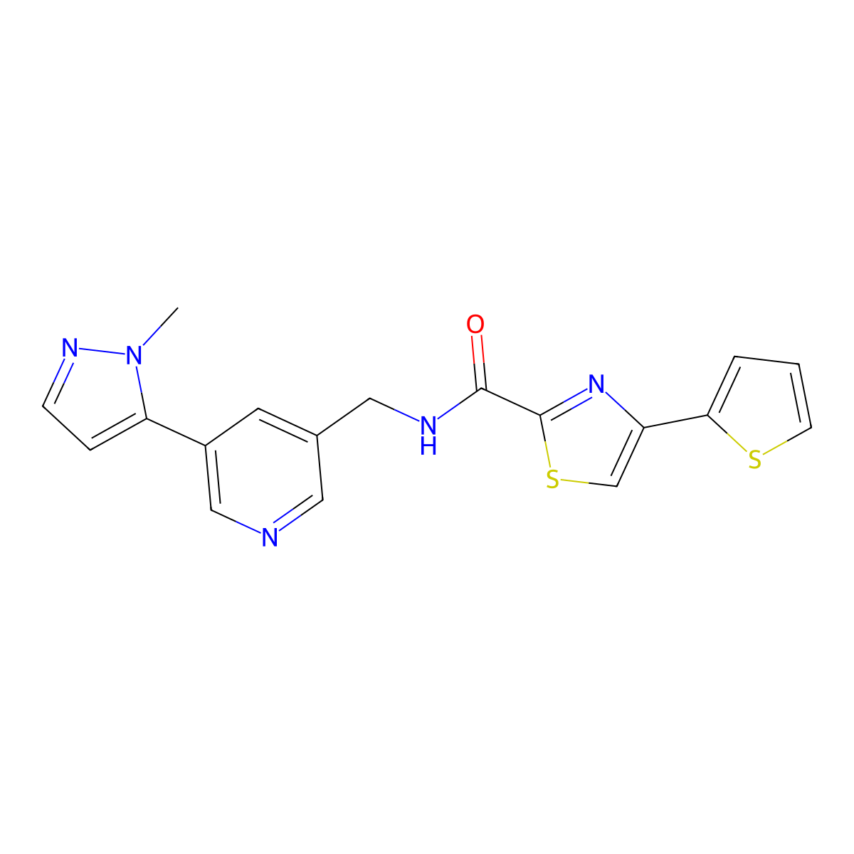N-((5-(1-methyl-1H-pyrazol-5-yl)pyridin-3-yl)methyl)-4-(thiophen-2-yl)thiazole-2-carboxamide molecular structure, CAS 2034560-16-0