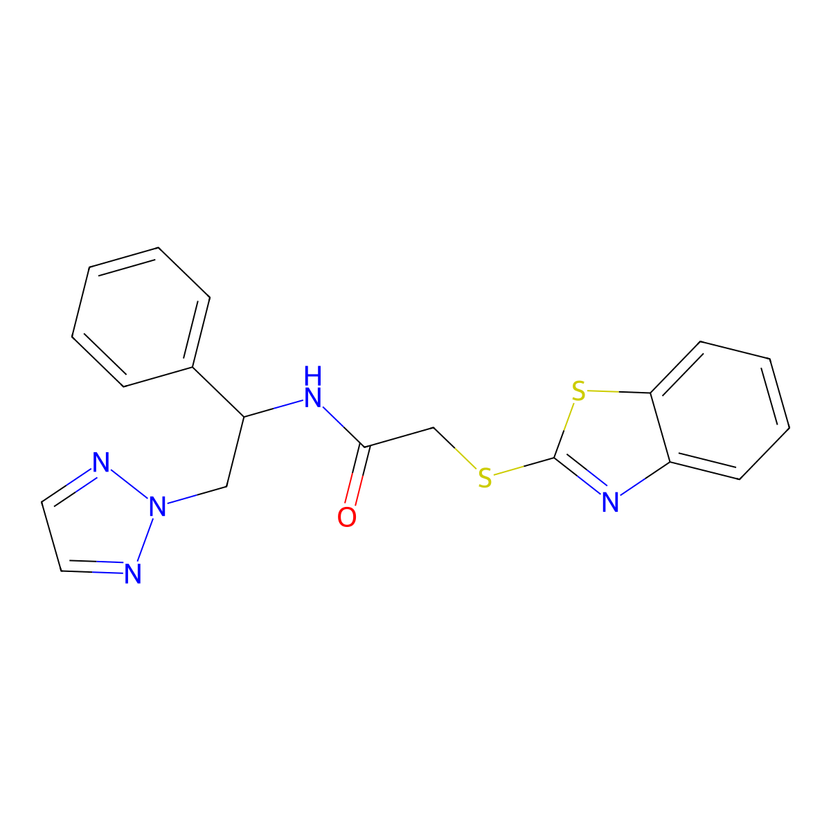 2-(benzo[d]thiazol-2-ylthio)-N-(1-phenyl-2-(2H-1,2,3-triazol-2-yl)ethyl)acetamide molecular structure, CAS 2034560-17-1